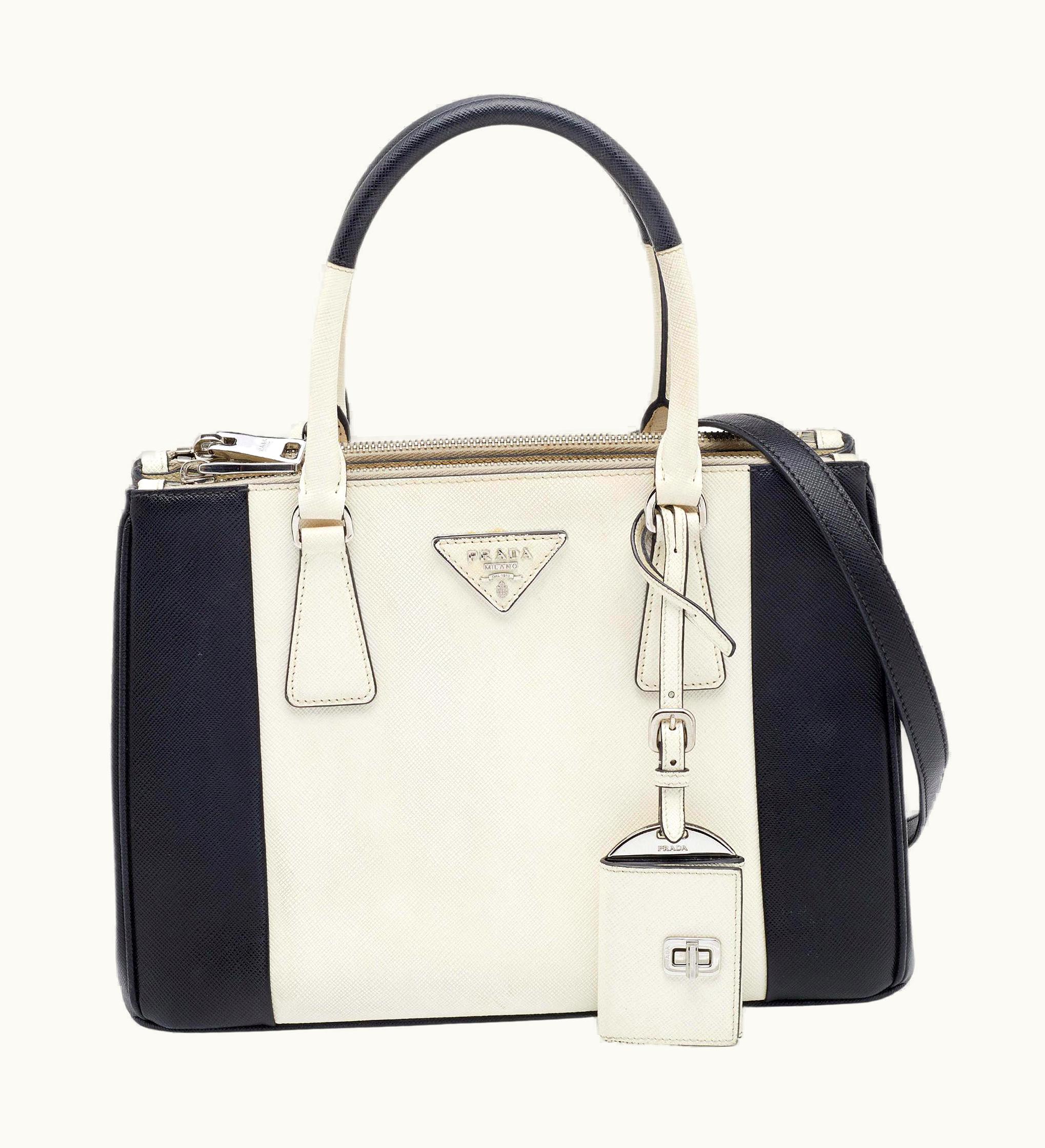 Prada Prada Small Double Zip Tote in Black/White Saffiano Lux Leather