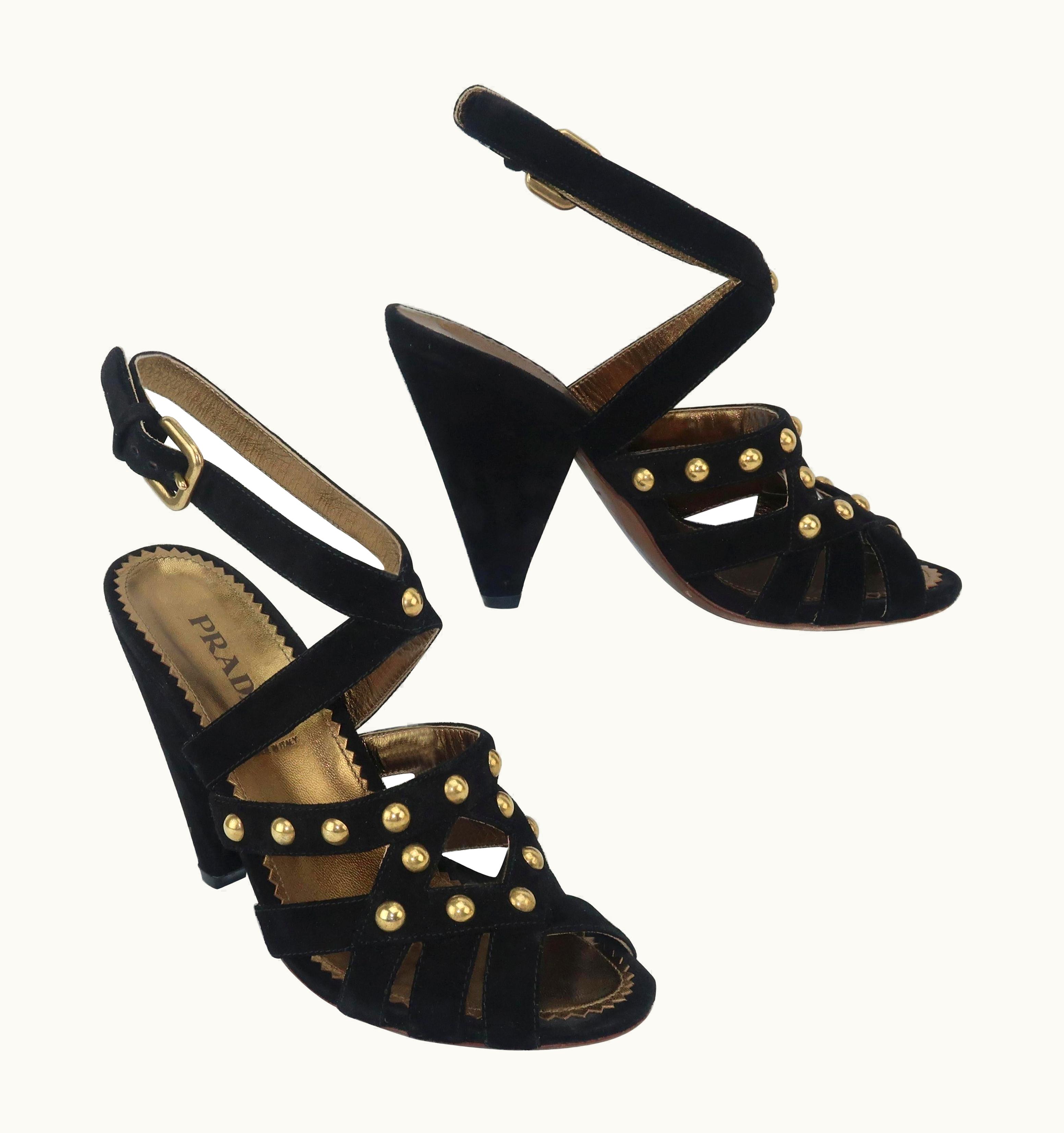 Prada Prada Black Suede & Gold Stud Sandals Shoes