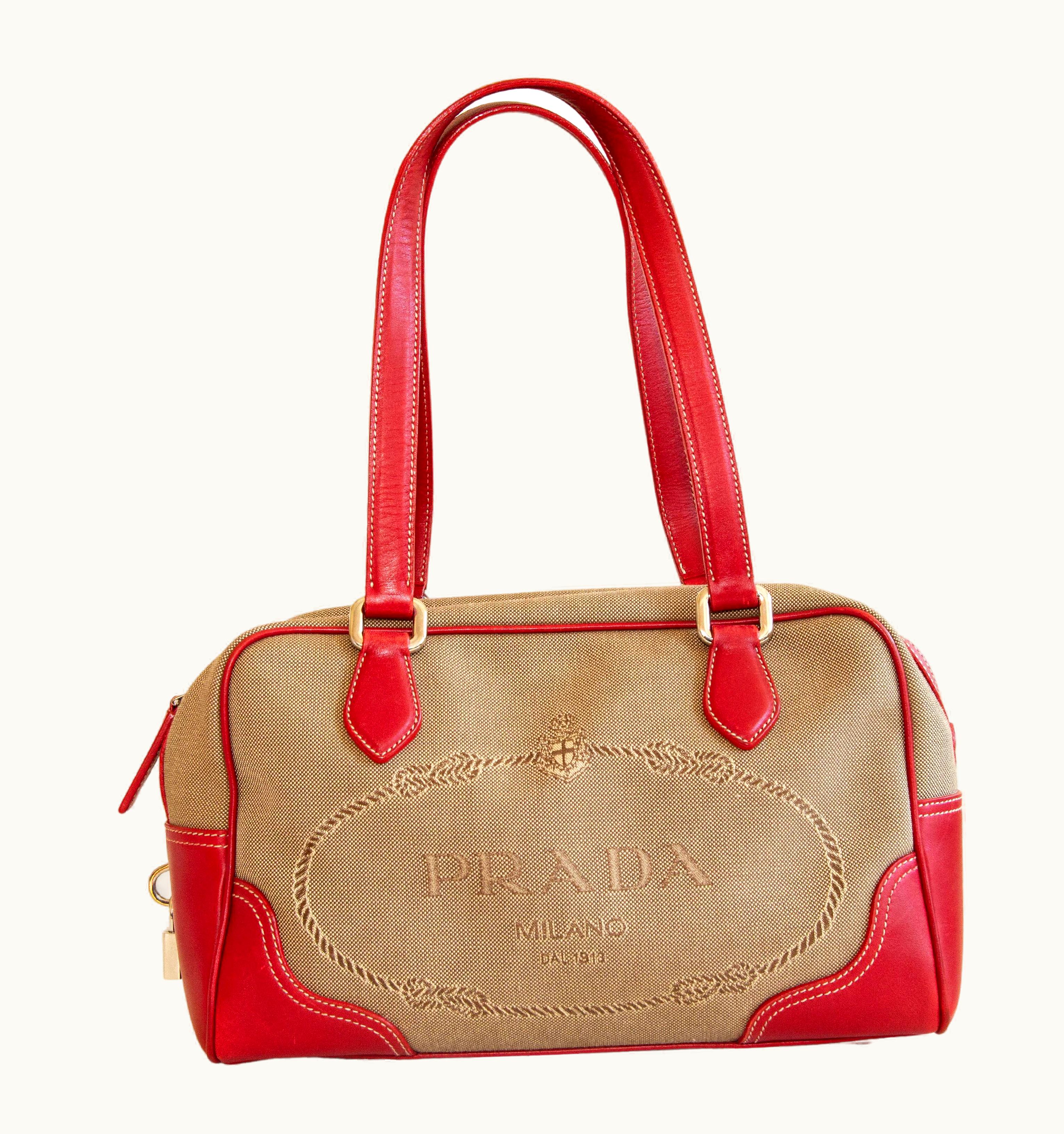 Prada Prada Shoulder Bag Beige Jaquard And Red Leather Trim 2000s