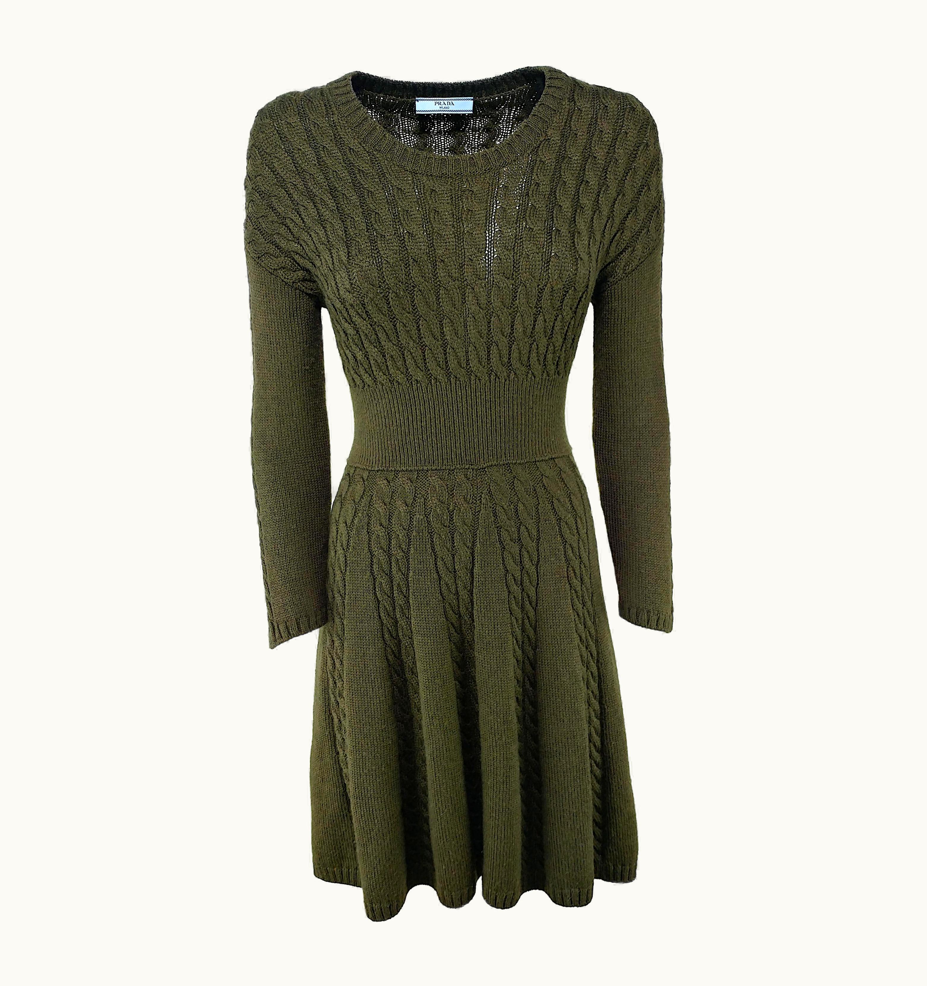 Prada - Stretch Wool Knitted Olive Green Dress With Long Sleeves us 36eu