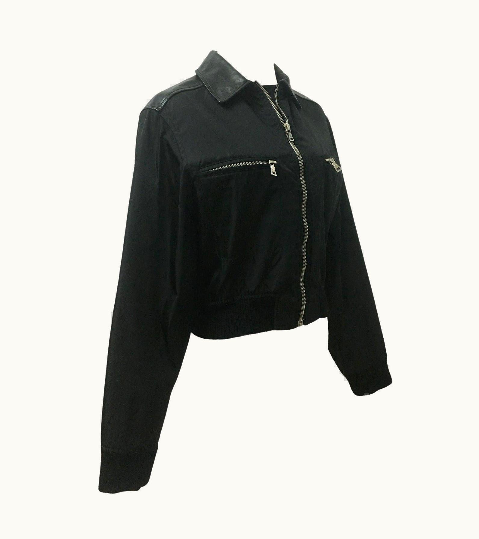 Prada Black Nylon Jacket Blouson Leather Collar 90s Nwt