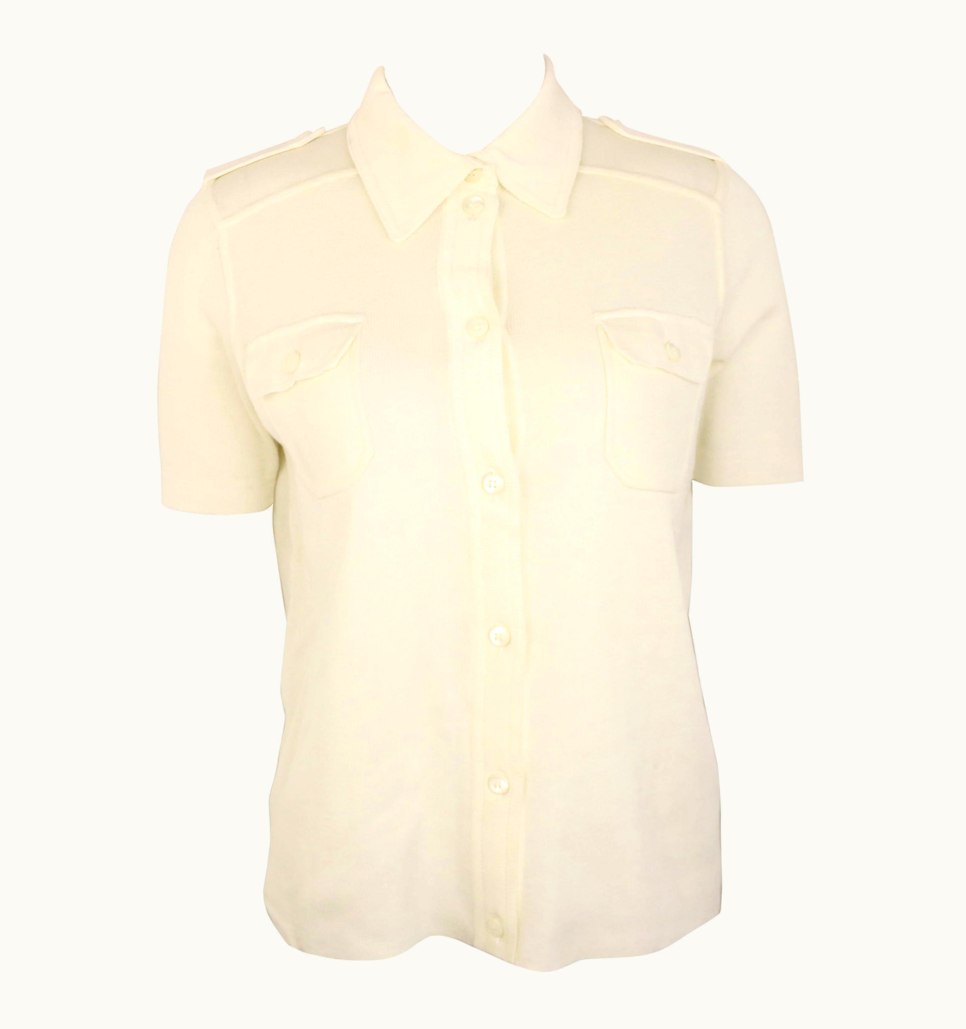 Prada White Cotton Knitted Shoulder Epaulettes Short Sleeves Collar Shirt