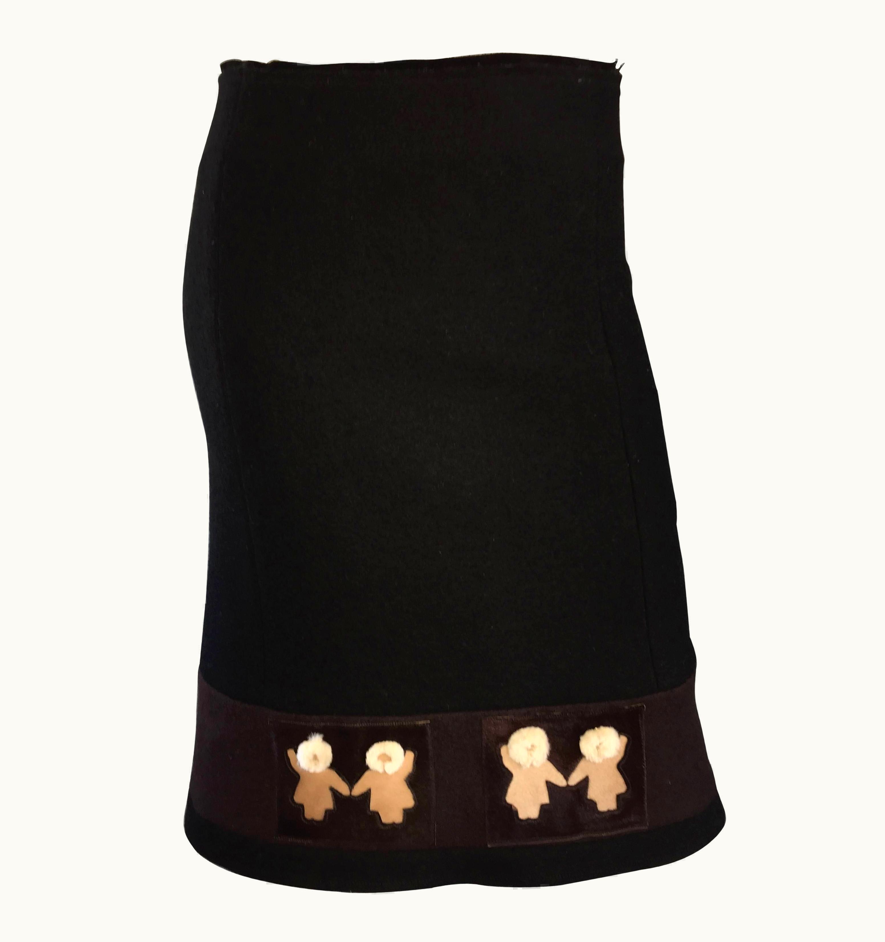 Prada 1990s Prada Black + Brown Wool & Pony Hair Novelty ' Eskimo ' Pencil Skirt