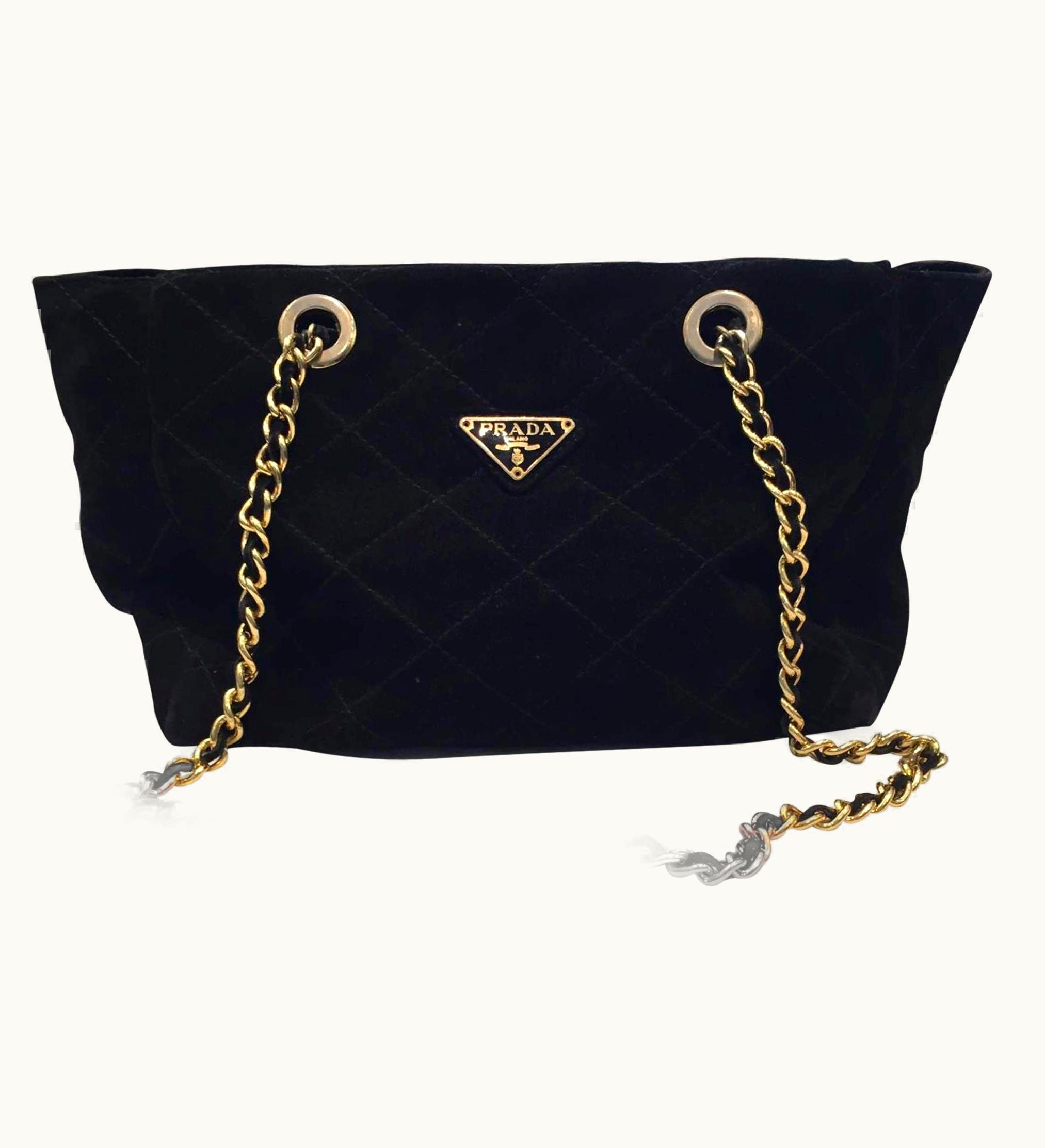Prada VIIntage 1990 Black Suede And Gold Metal Chain Tote Bag