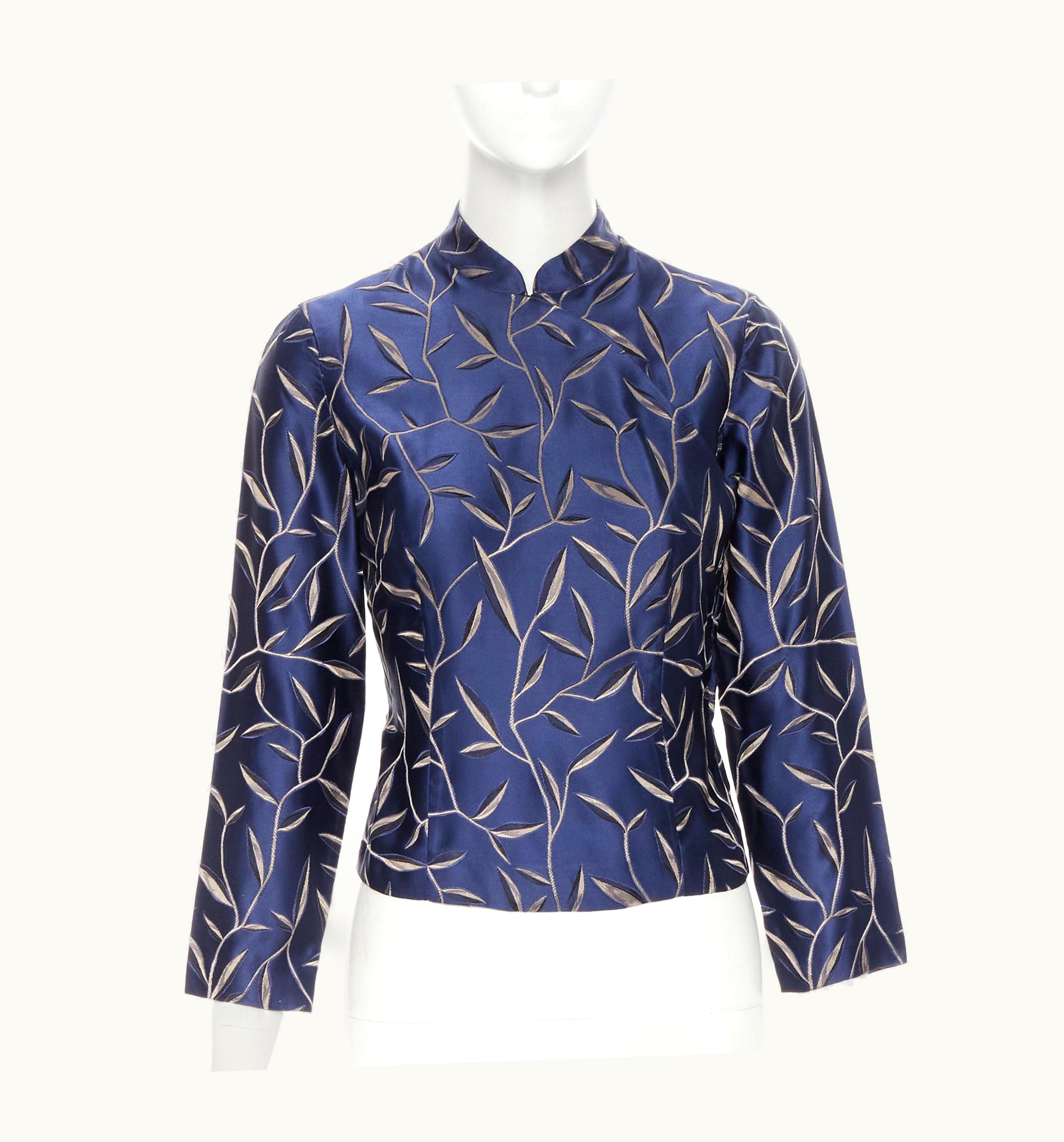 Prada Vintage Prada 1996 Oriental Leaf Jacquard Silk Navy Chinese Collar Shirt