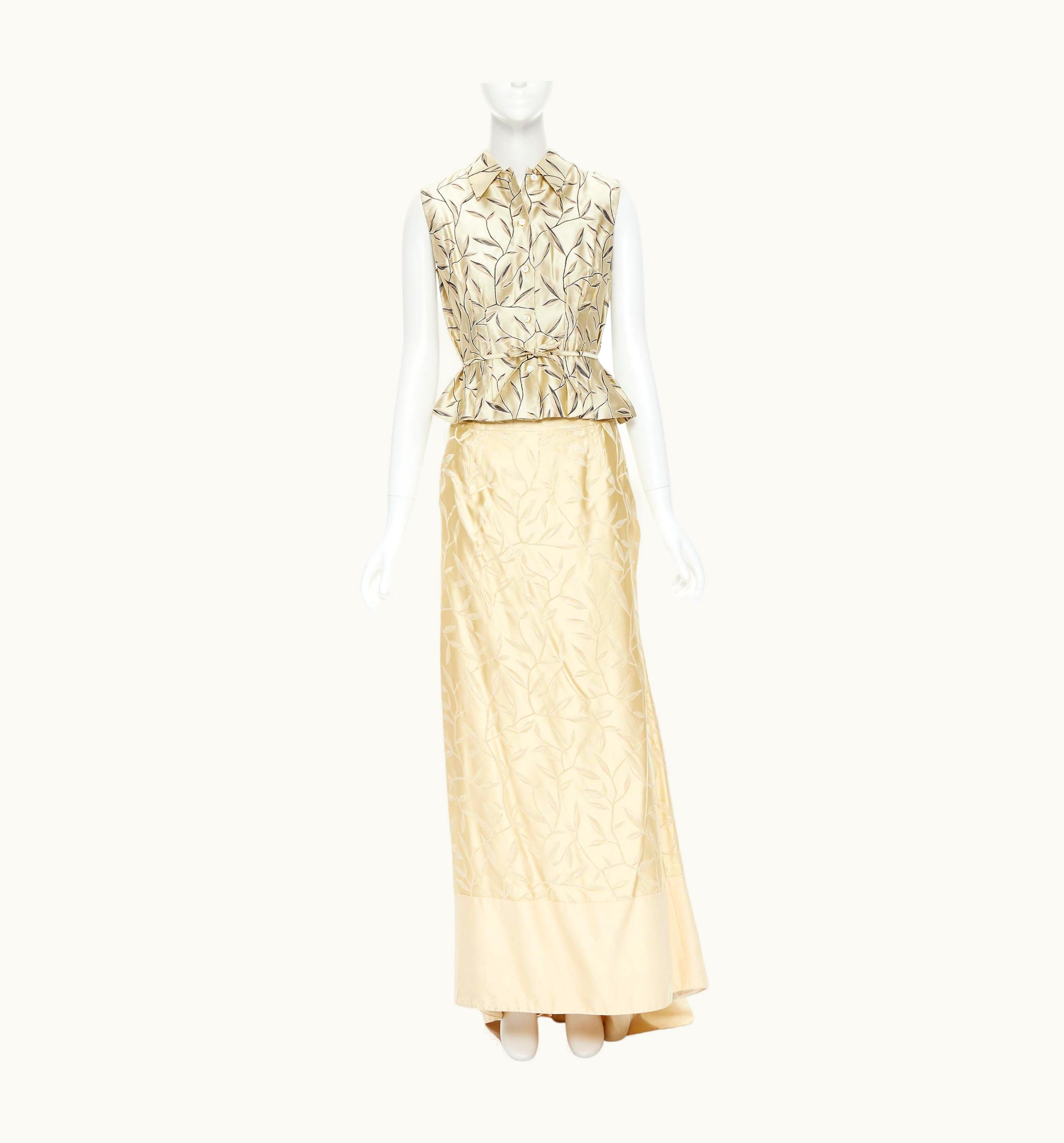 Prada Vintage Prada 1996 Chinoiserie Leaf Cinched Vest Maxi Skirt Dress