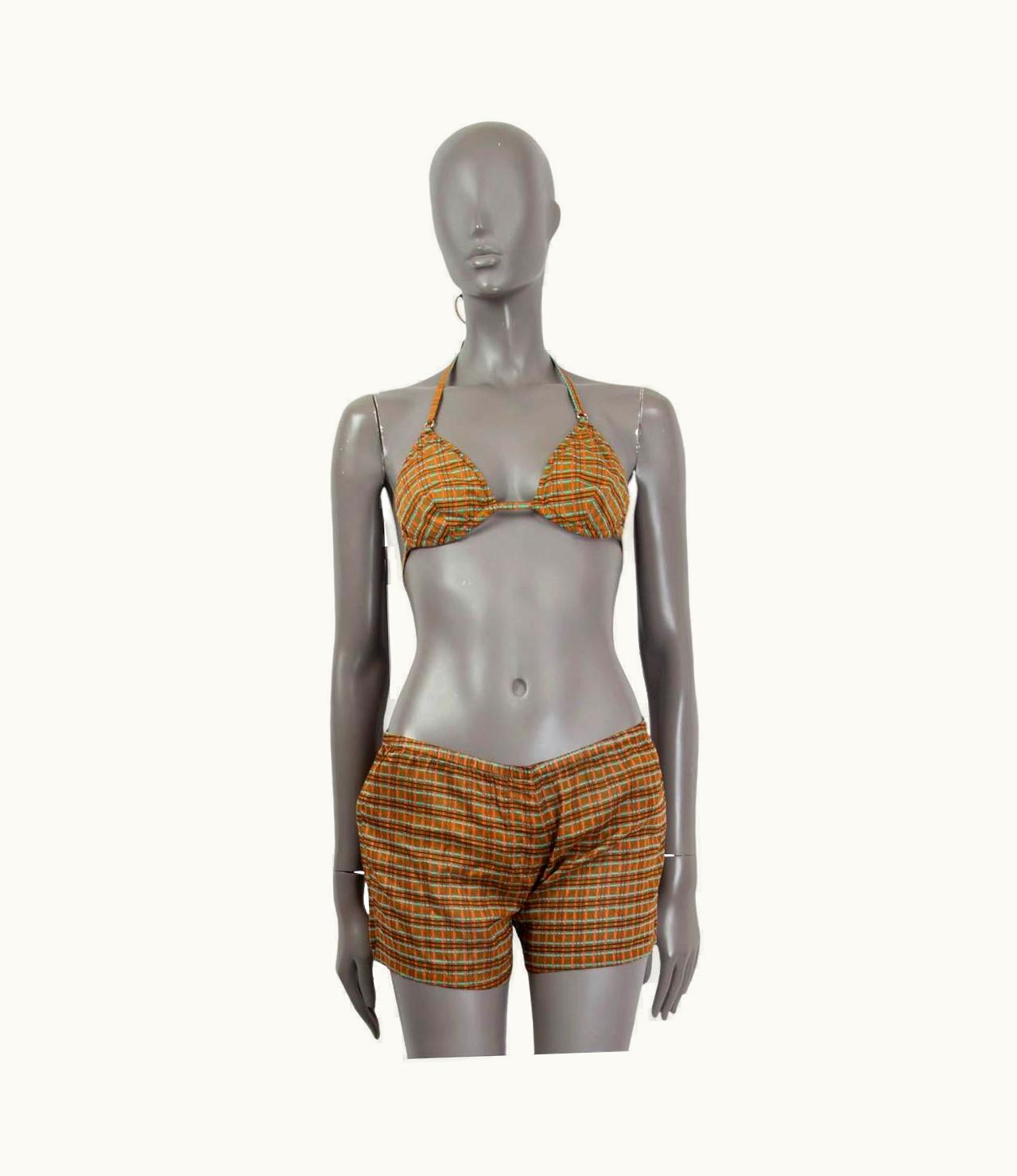 Prada Olive Orange Turquoise Cotton Check Me Out Birkin & Shorts Set