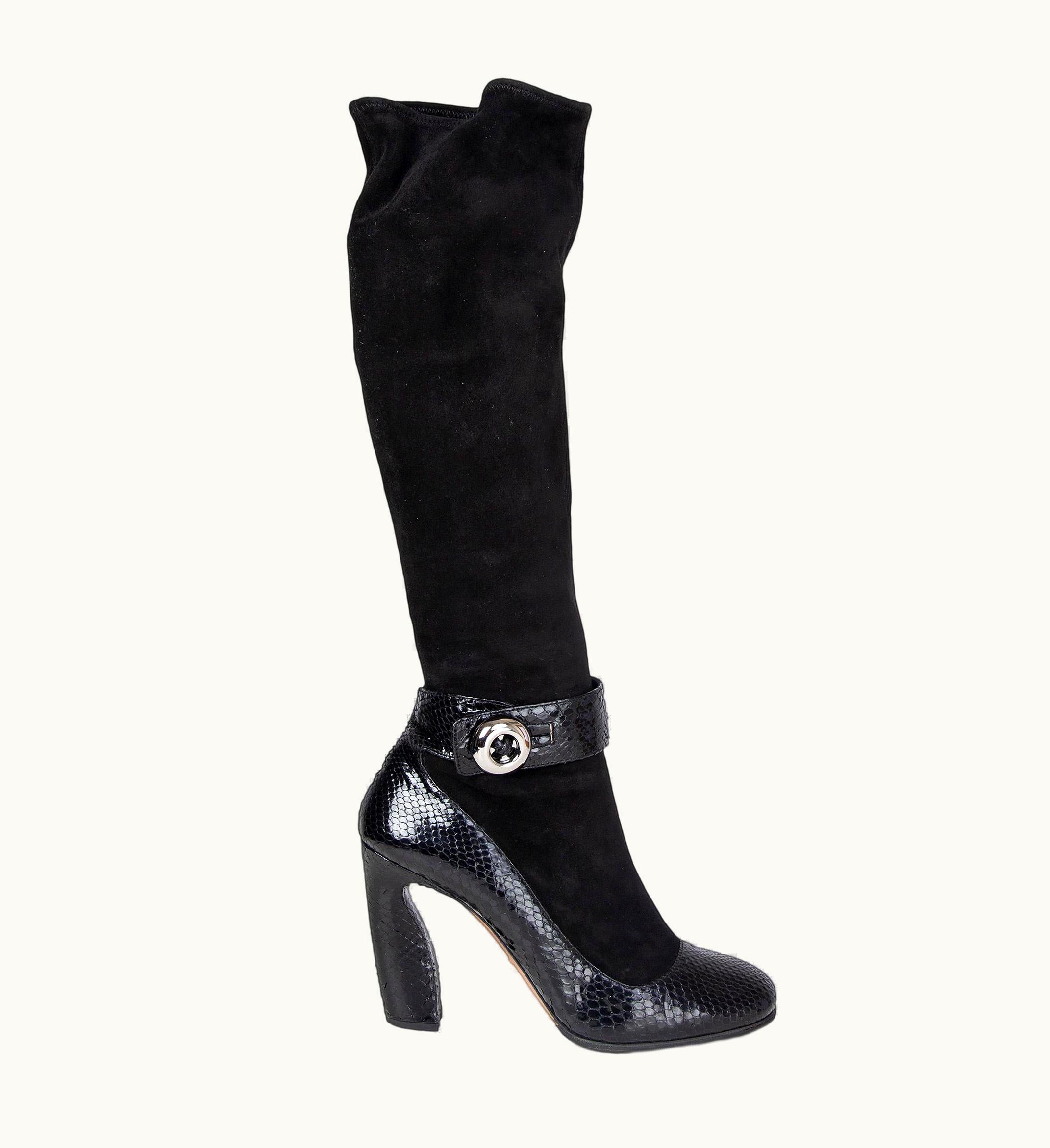 Prada Black Stretch Suede & Python Ankle Strap Boots Shoes