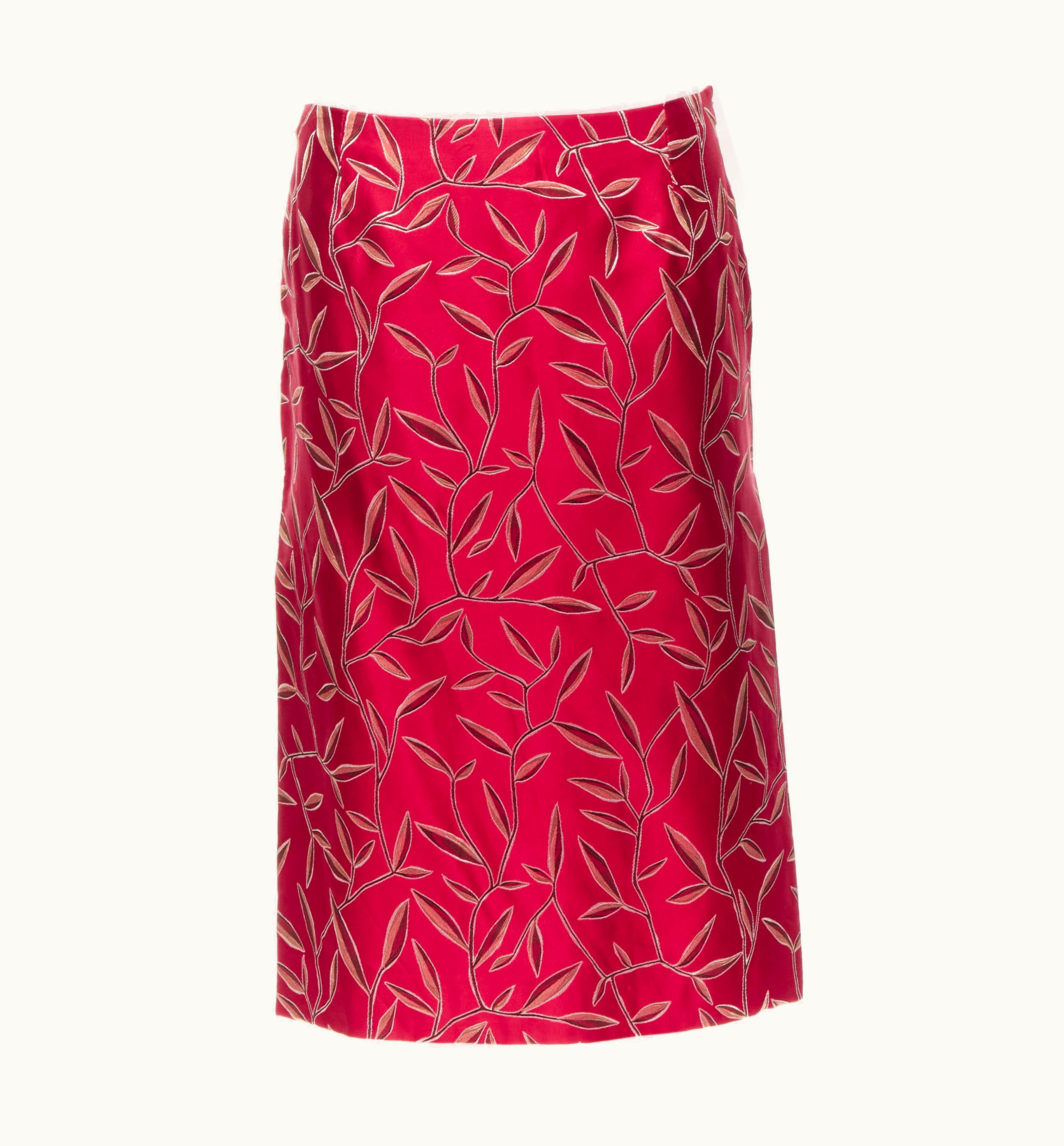 Prada 1997 Vintage Silk Red Chinoiserie Leaf Jacquard High Slit Skirt