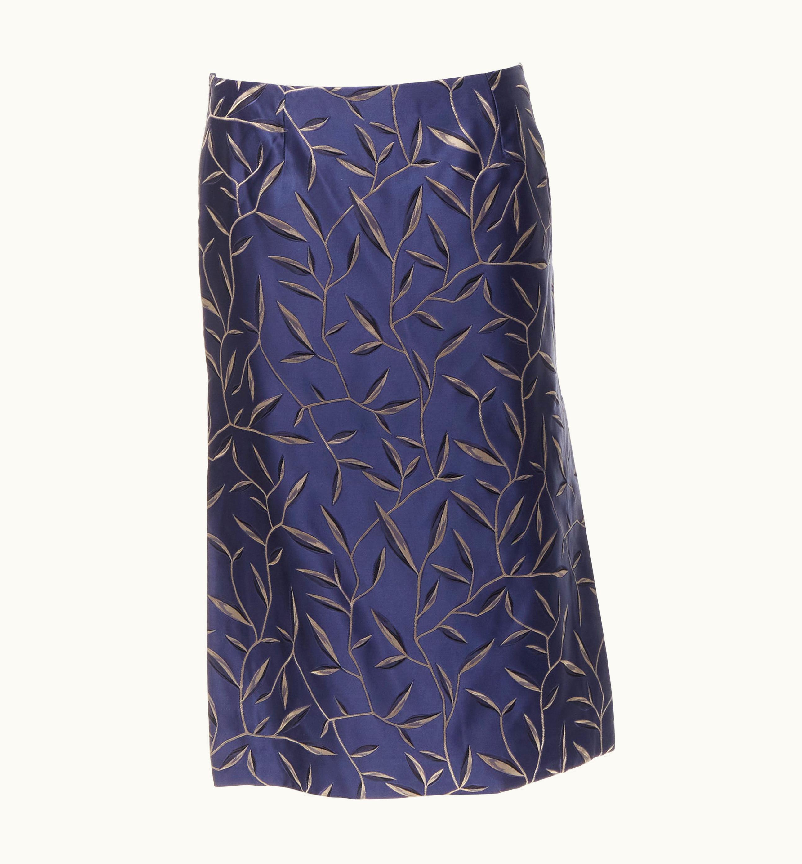 Prada 1997 Vintage Silk Blue Chinoiserie Leaf Jacquard High Slit Skirt