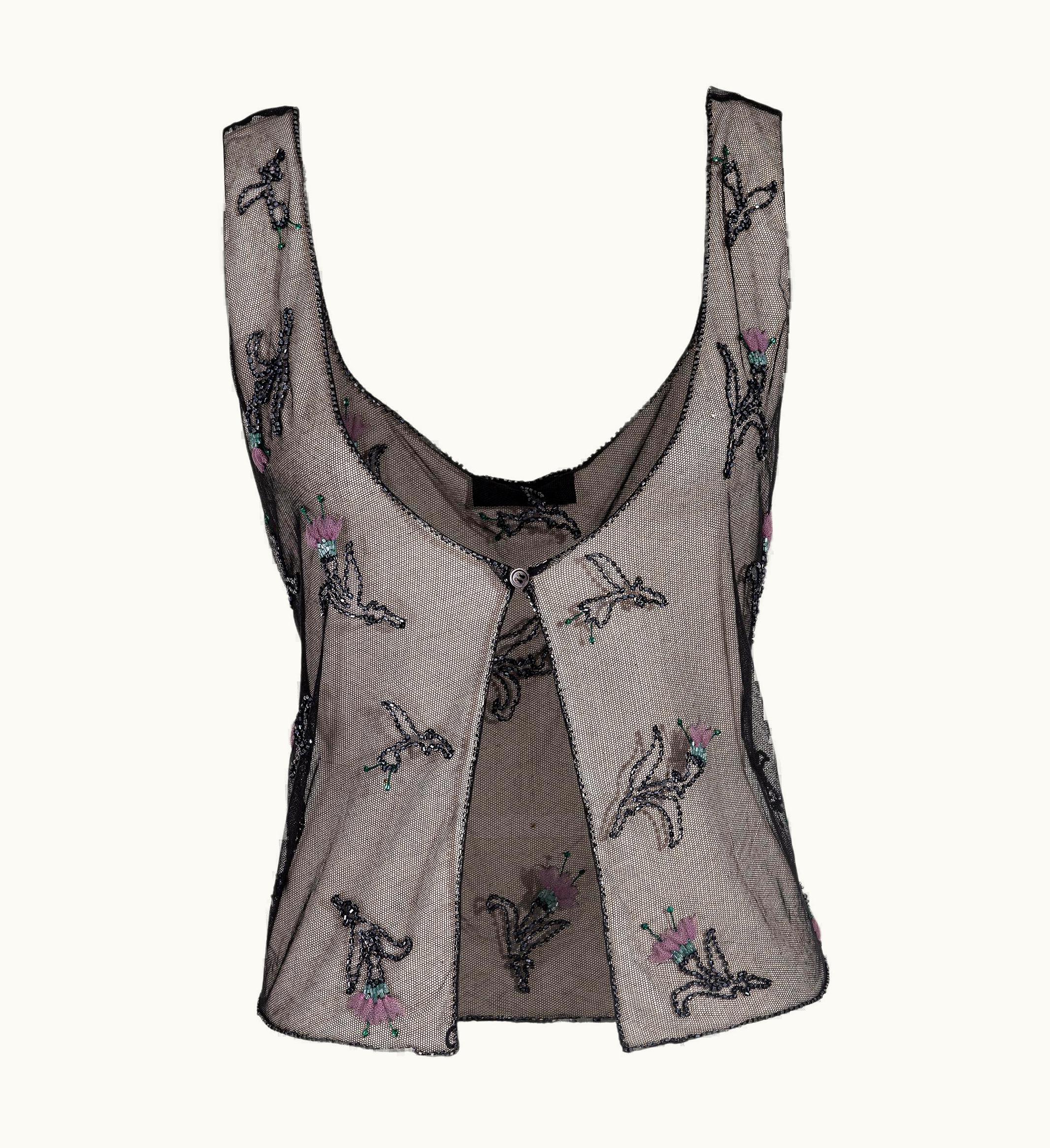 Prada AW 1997 Prada By Miuccia Prada Black Embellished Floral Top