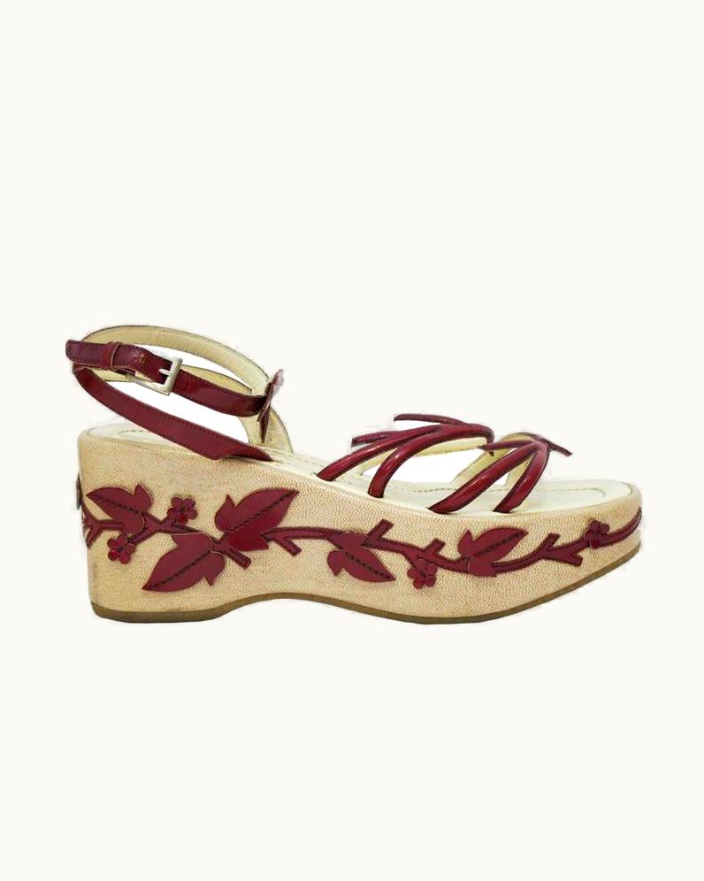 Prada 1997 Prada Red Leather Vine Leaf Platform Sandals