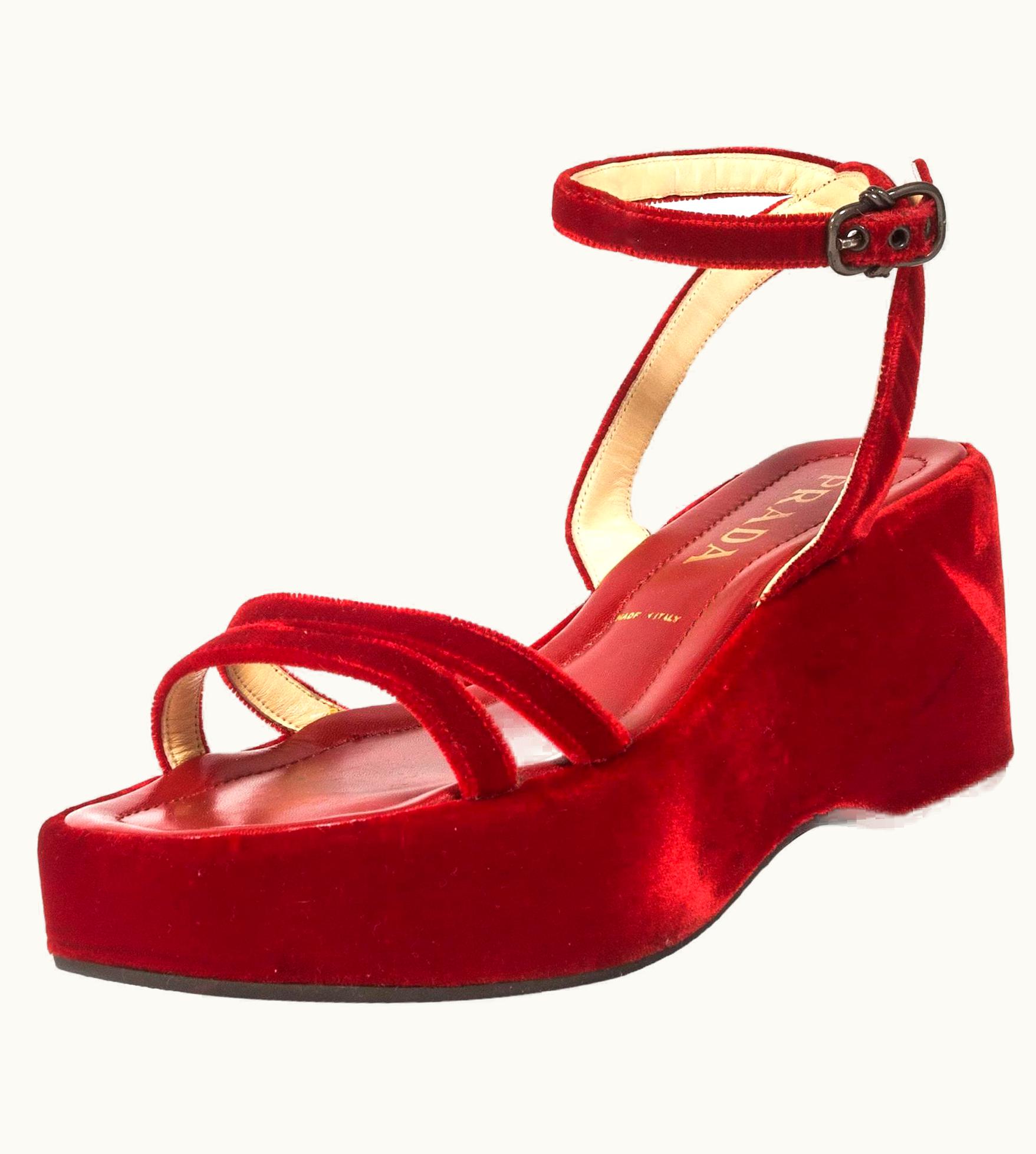 Prada Red Velvet Platform Sandals Spring-Summer 1997