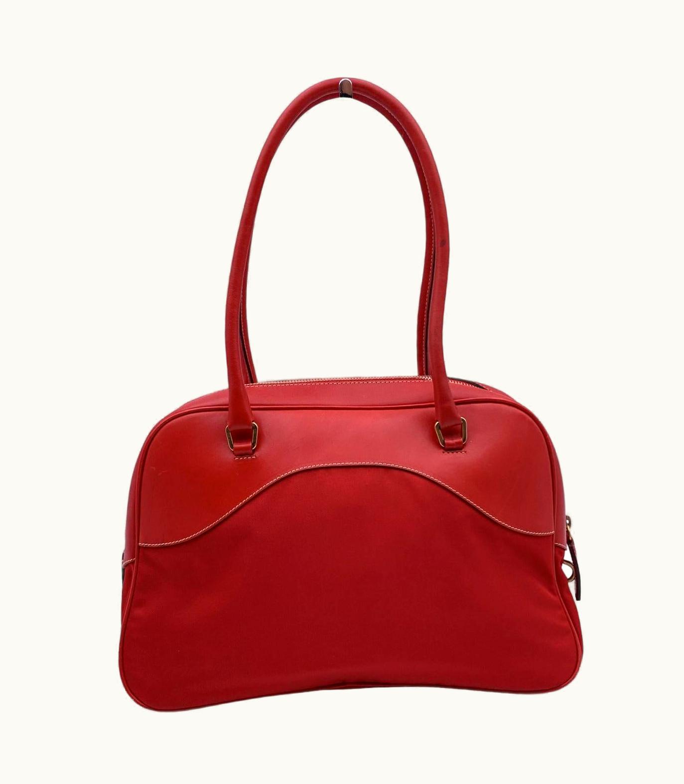 Prada Red Tessuto Travel Canvas And Leather Bowling Bag Bl0081