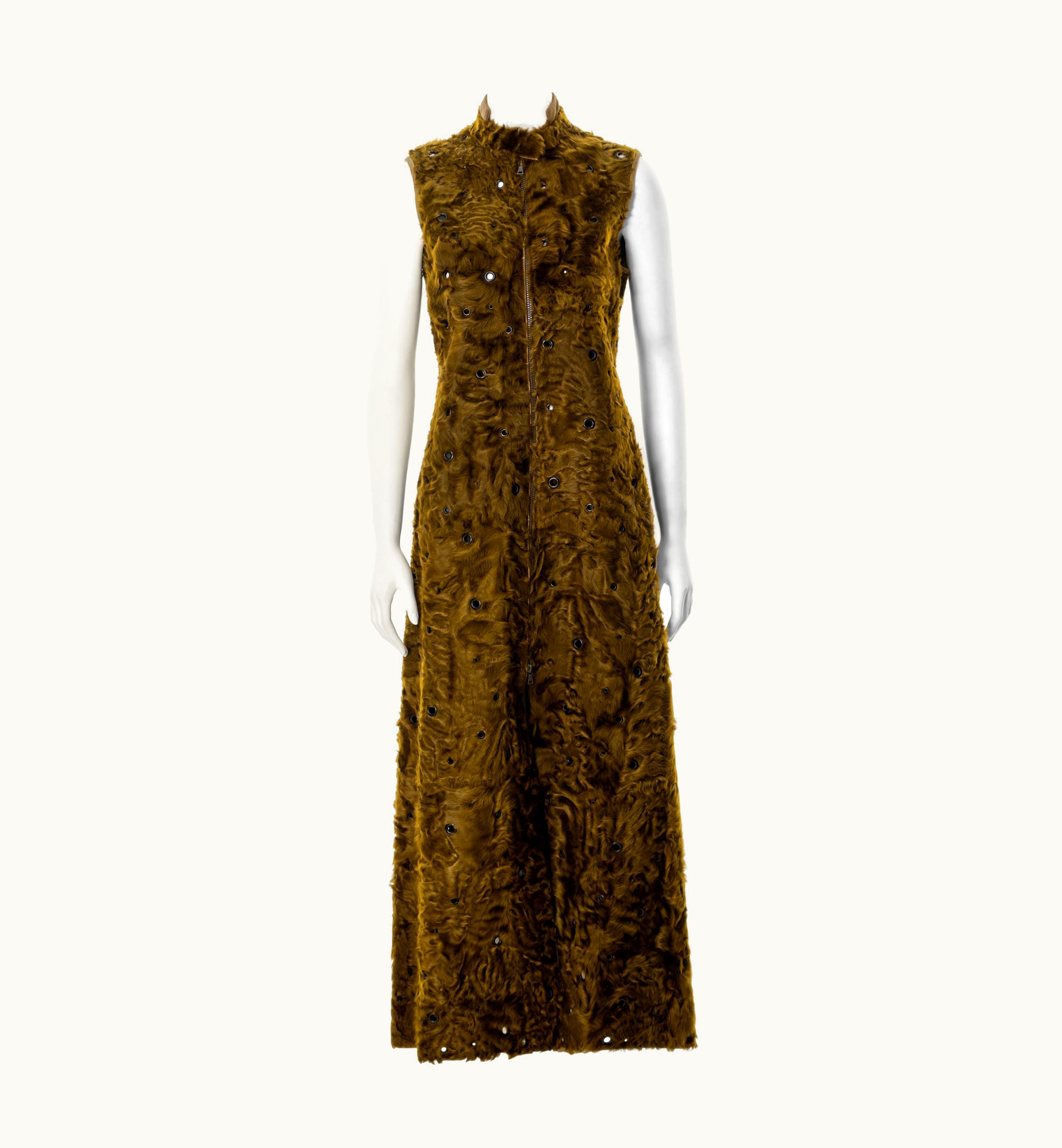 Prada Green Curly Shearling Sleeveless Coat With Metal Grommets, AW 1999