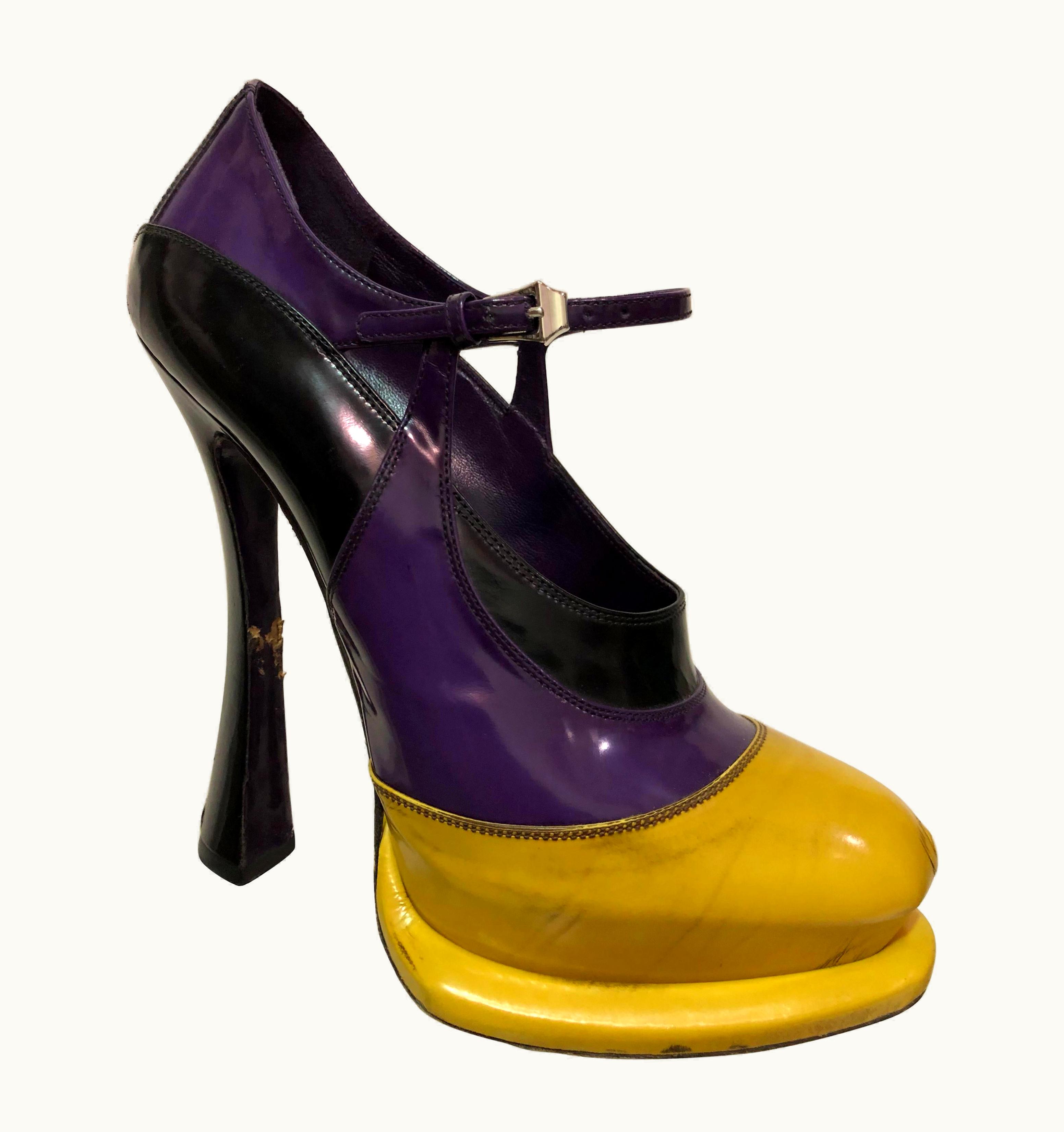 Prada Canary Yellow Purple & Black Fetish-Style Platform Mary Jane Heels