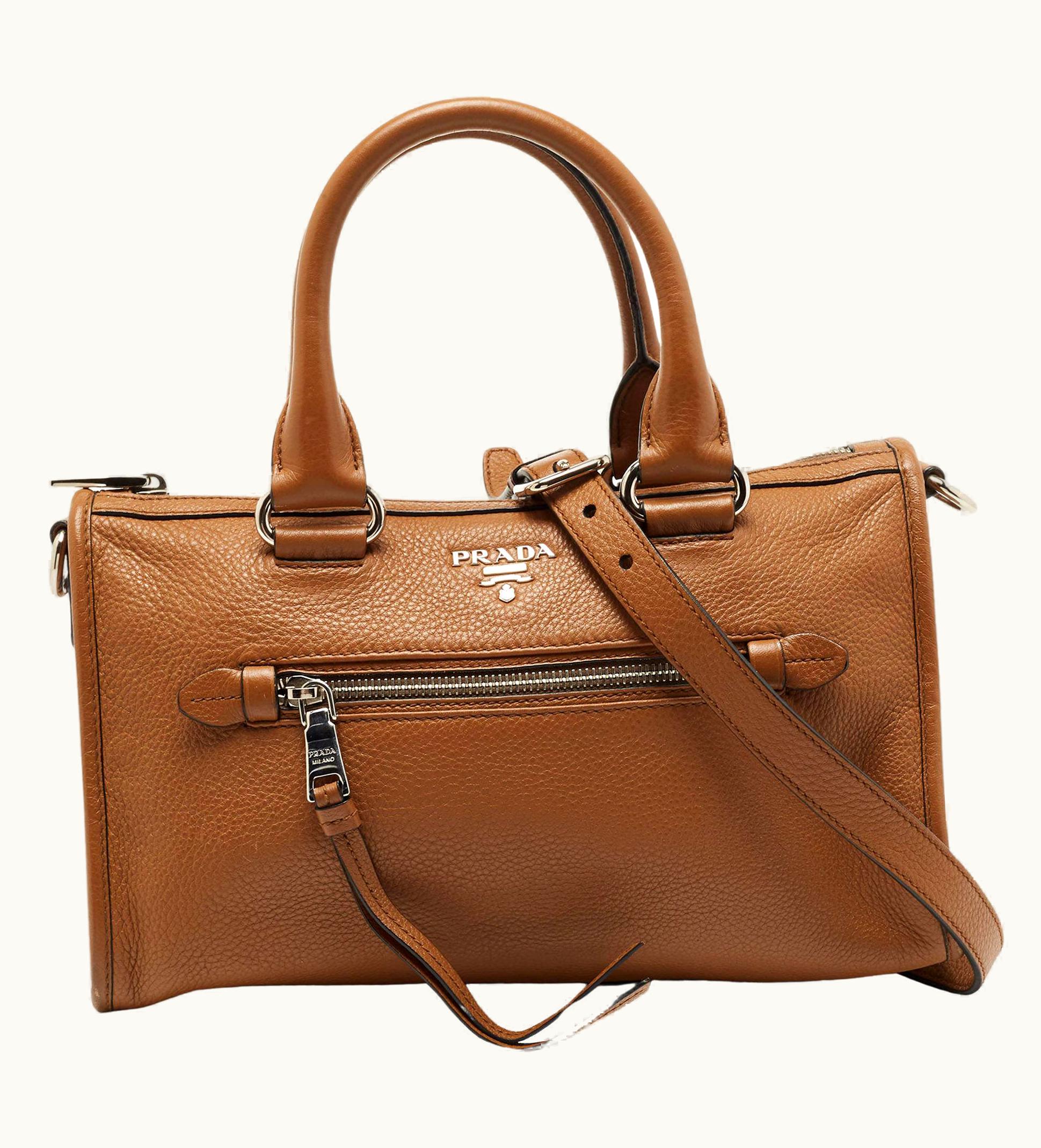 Prada Brown VItello Daino Leather Front Zip Boston Bag