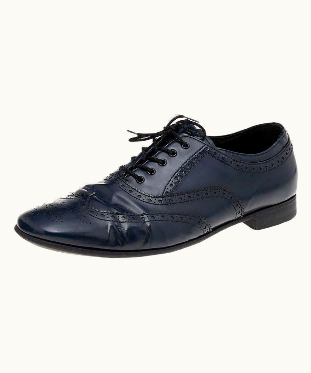 Prada Navy Blue Brogue Leather Lace Up Oxfords