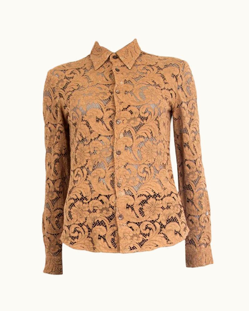 Prada Tan Brown Viscose Lace Button-Up Shirt