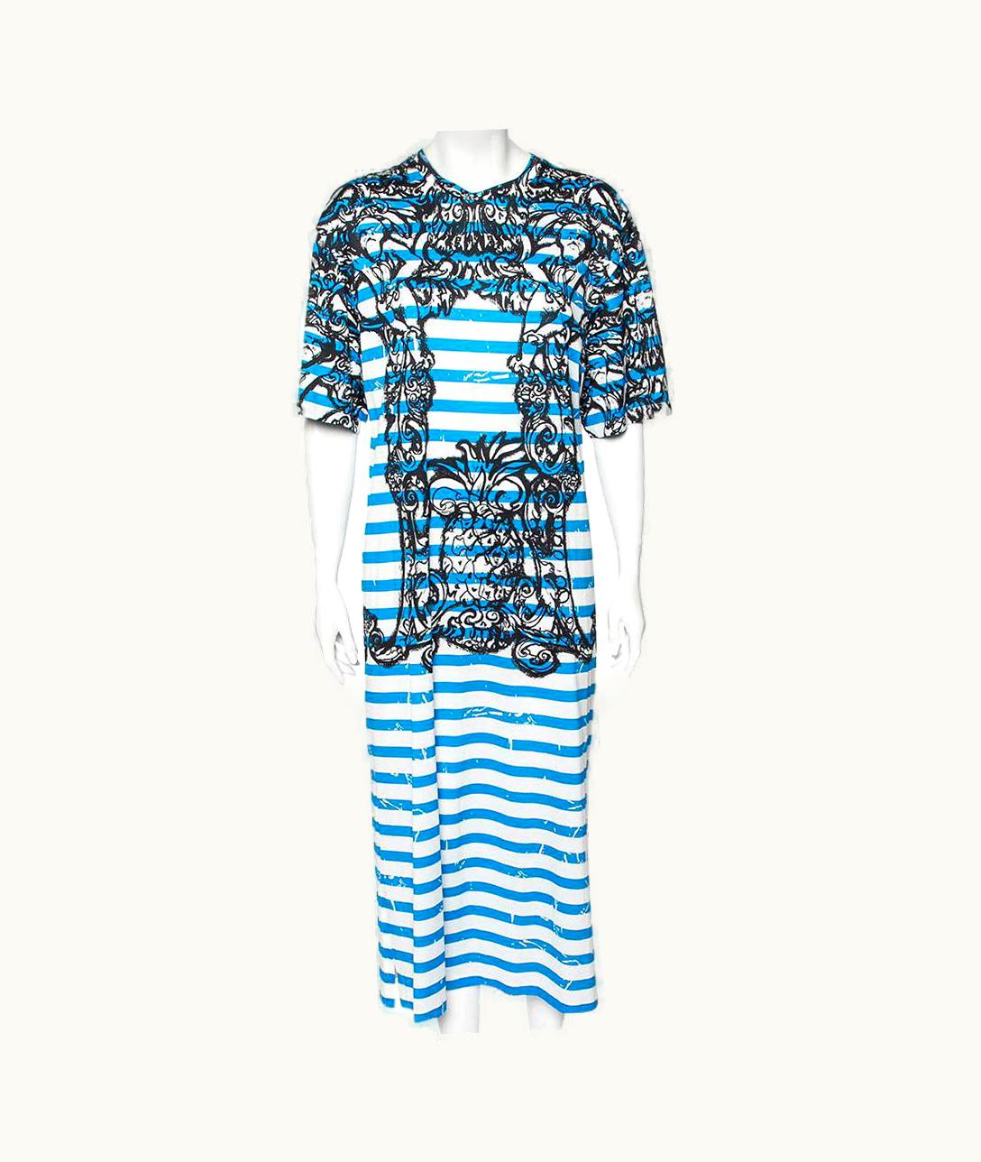 Prada Blue & White Striped Cotton Printed Short Sleeve Dress