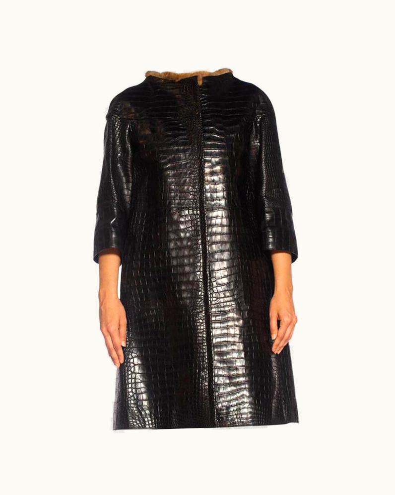 Prada 2000s Prada Black Alligator Leather Straight '60s Cut Coat With Mink Trim