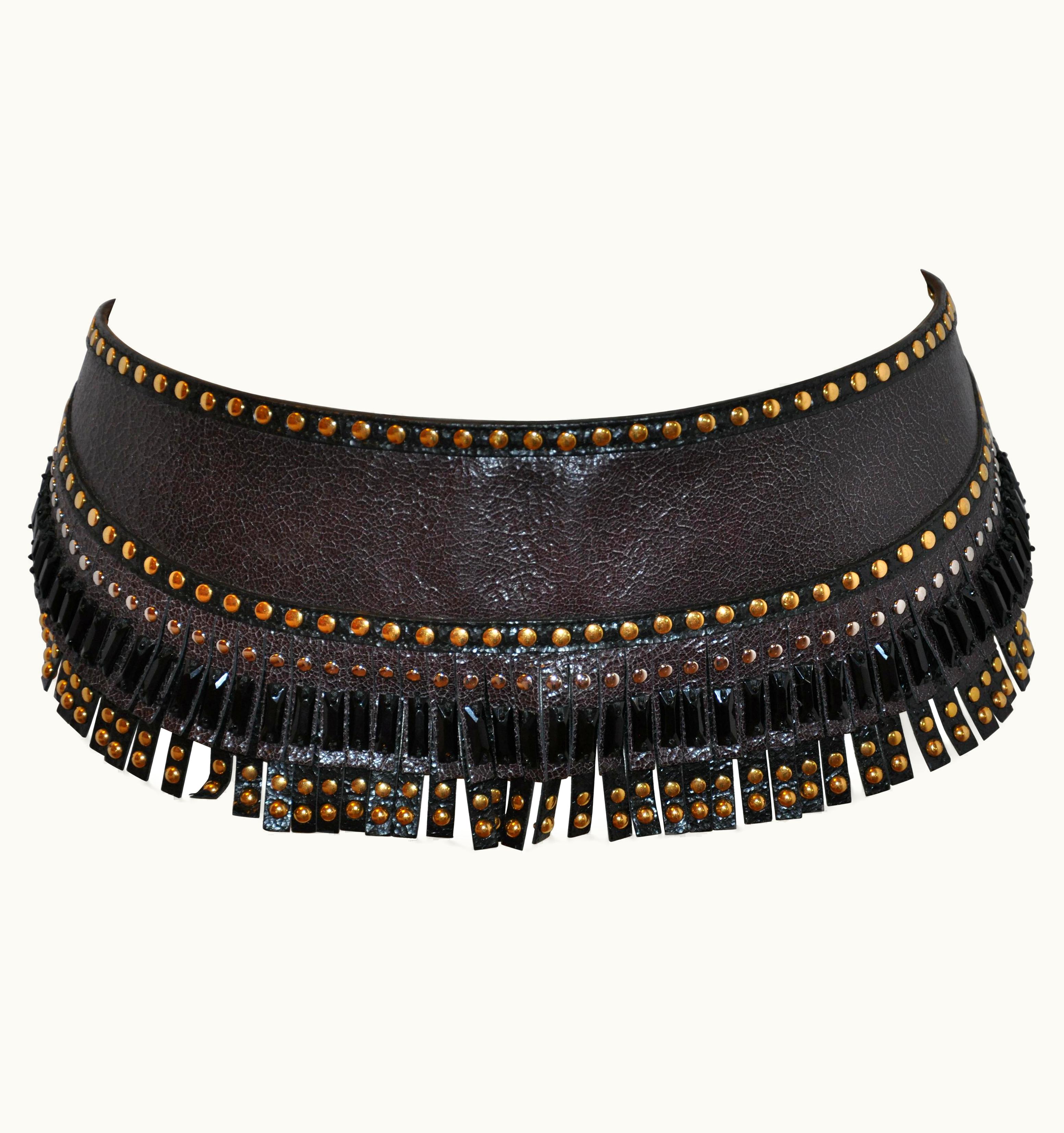 Prada Multi Gold Studded Coco-Brown Fringed With Black Beadwork Buckle Belt