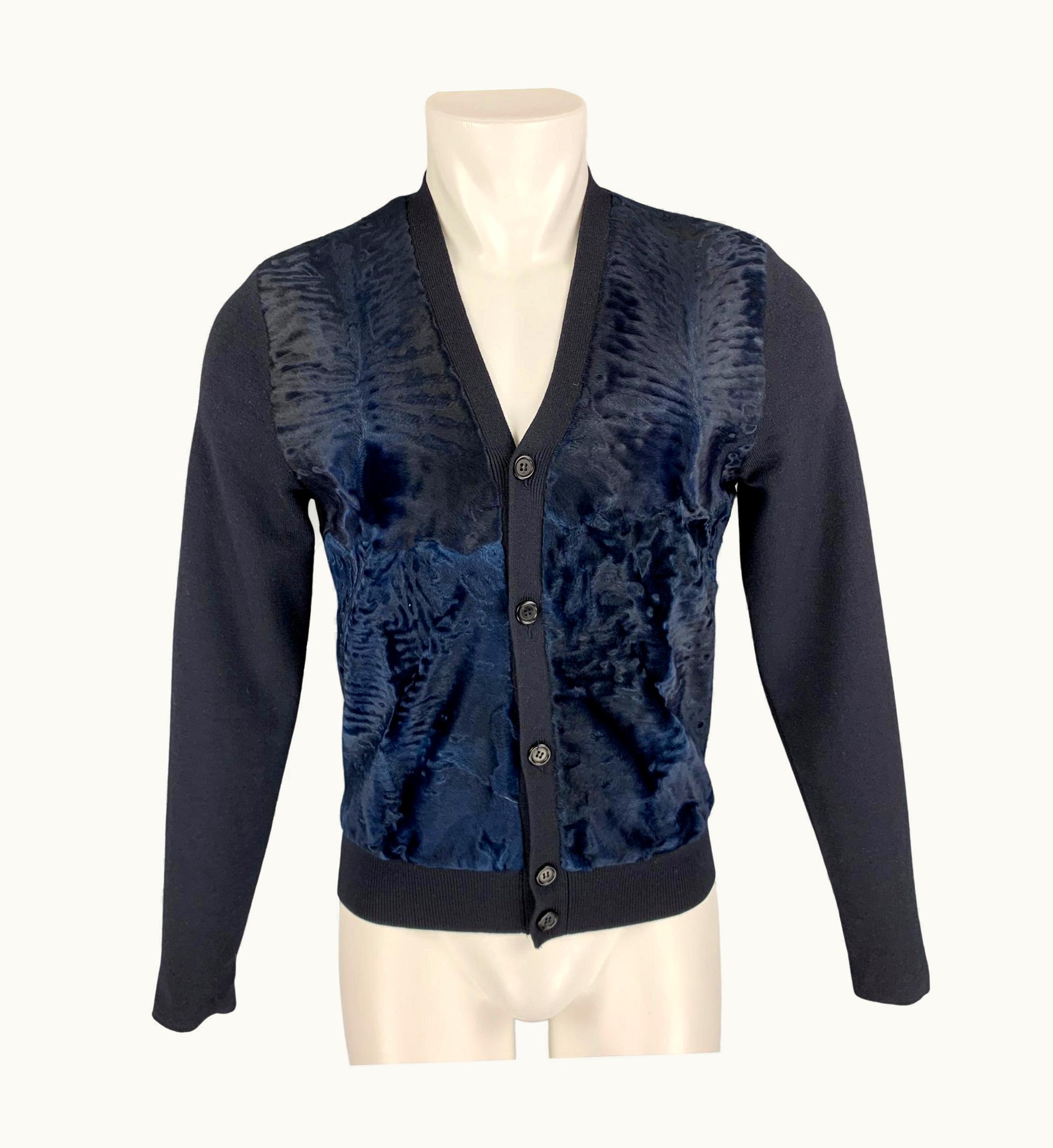 Prada 2000 Black & Navy Russian Broadtail Wool V-Neck Cardigan