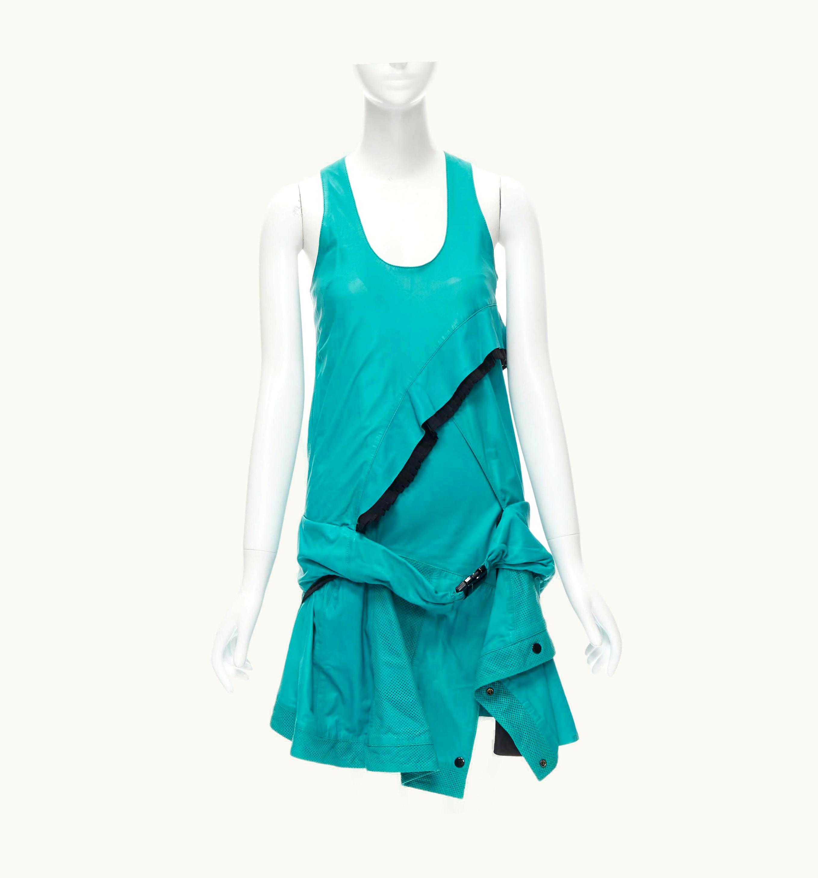 Proenza Schouler Runway Teal Blue Leather Ruffle Trimmed Sportif Buckle Dress