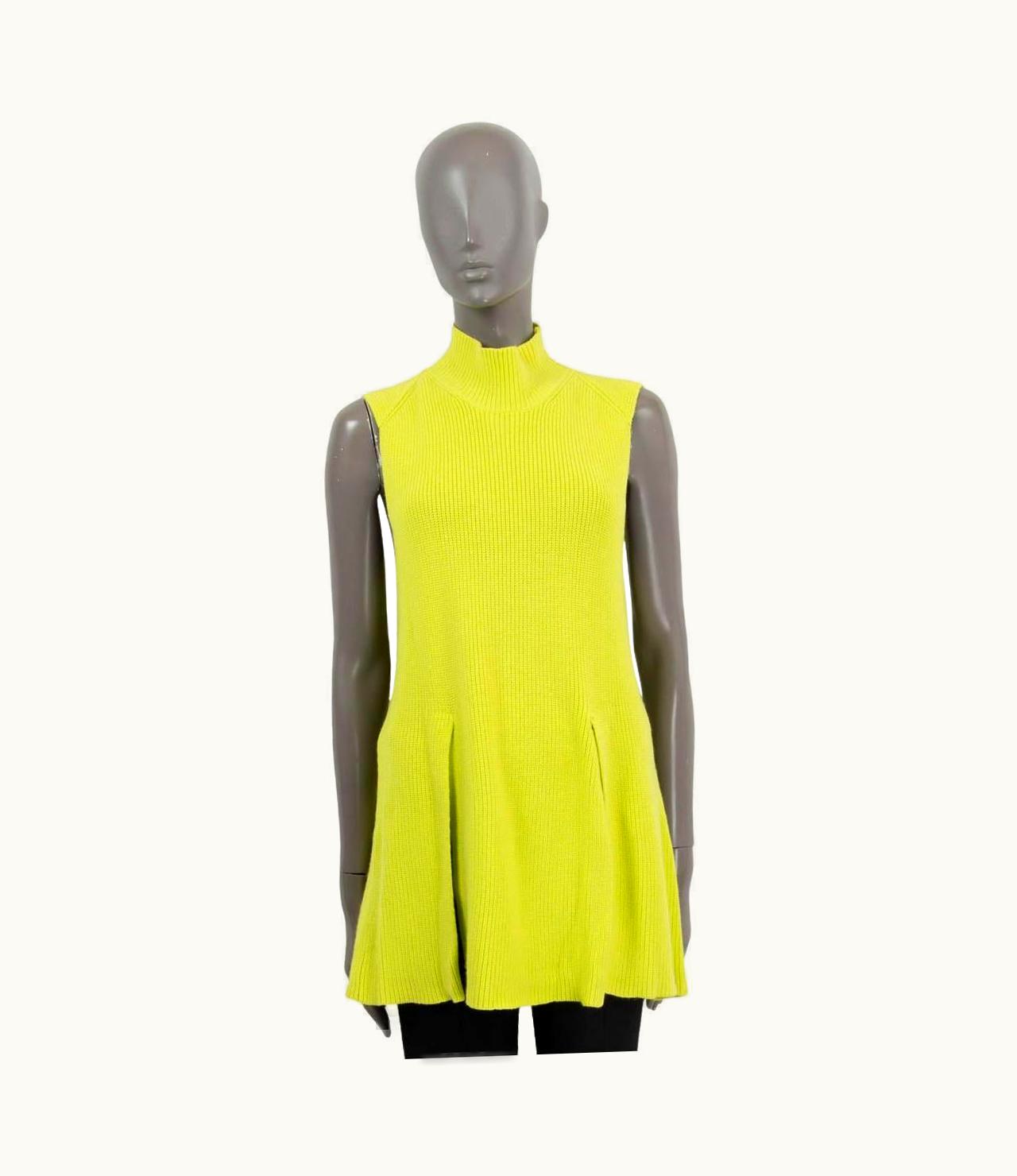 Proenza Schouler Neon Lime Wool & Cotton Slit Sleeveless Mock Sweater