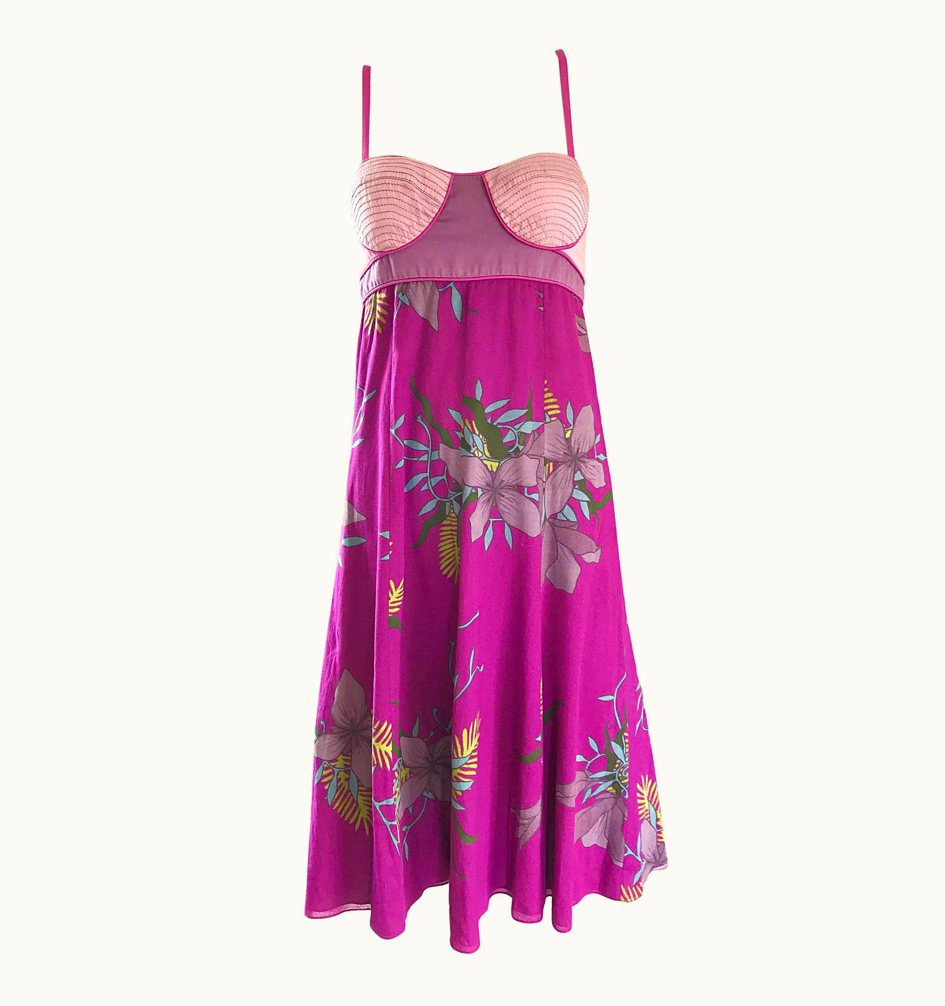 Proenza Schouler Purple Hawaiian Flower Print Cotton Empire Waist Dress