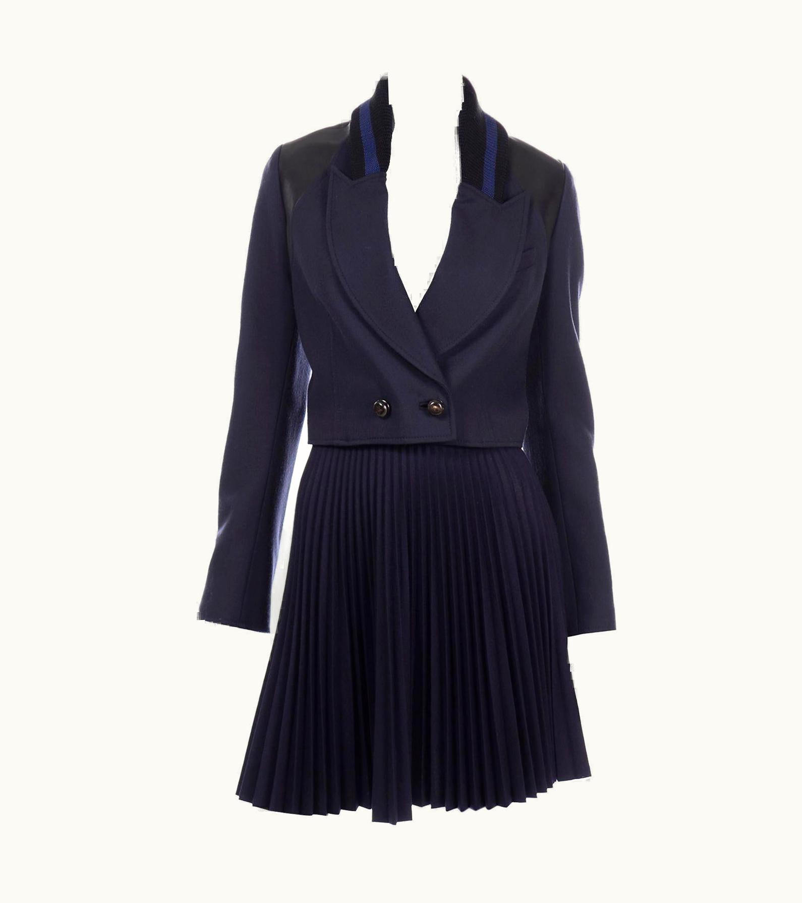Proenza Schouler Midnight Blue Knit Cropped Ribbed Jacket And Pleated Skirt Suit
