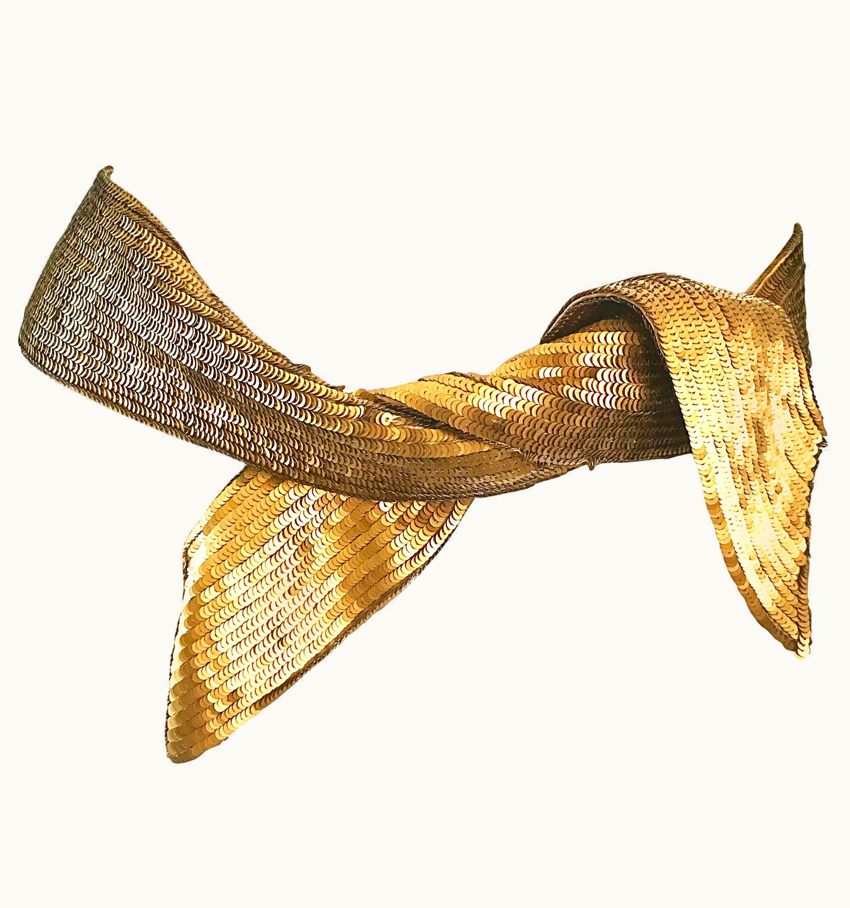 Proenza Schouler Bronze Gold Metallic Sequin Silk Tie Sash Belt Hair Scarf