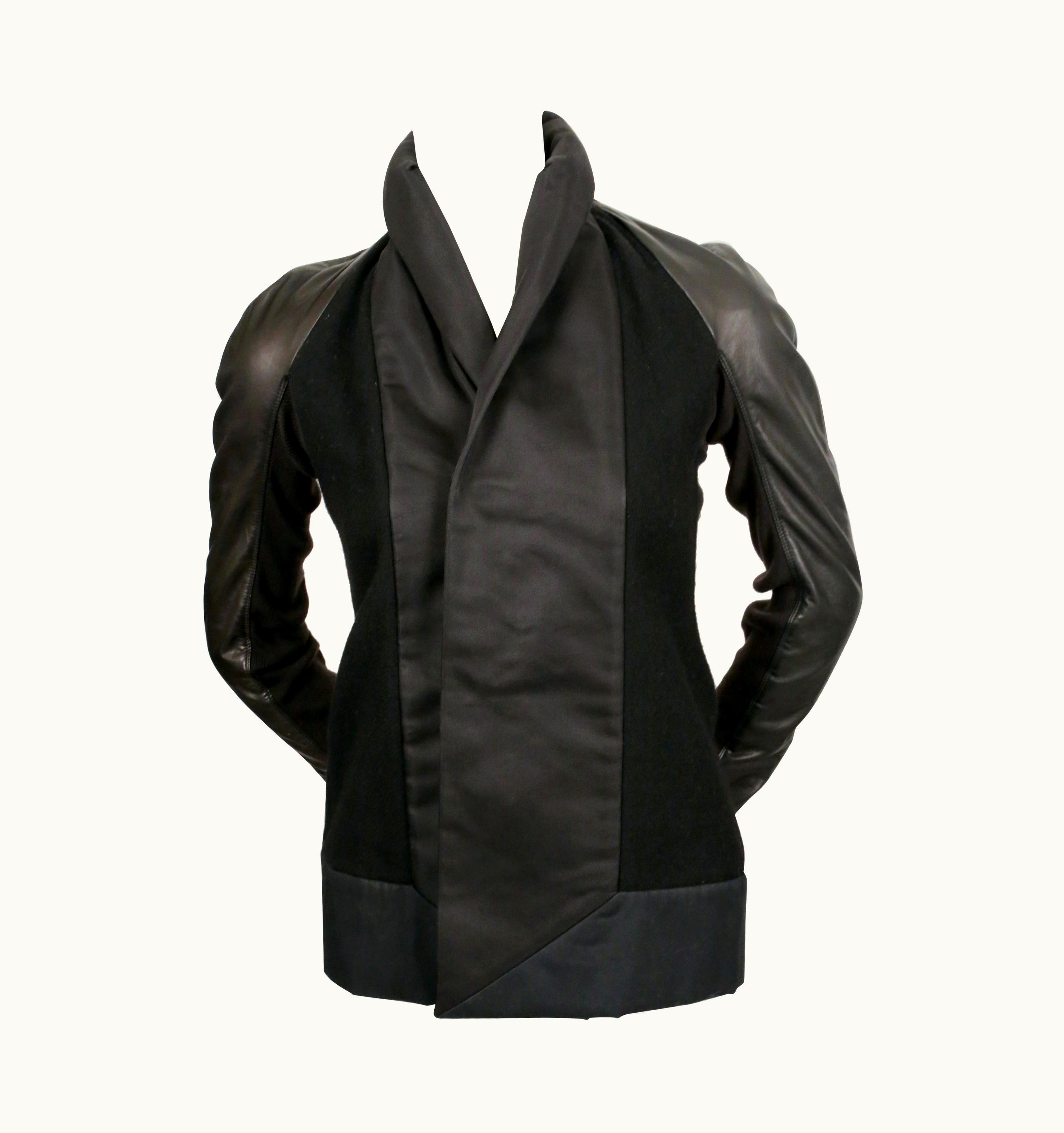 Rick Owens Black Jacket With Leather Sleeves And Asymmetrical Hemline UZ0616941