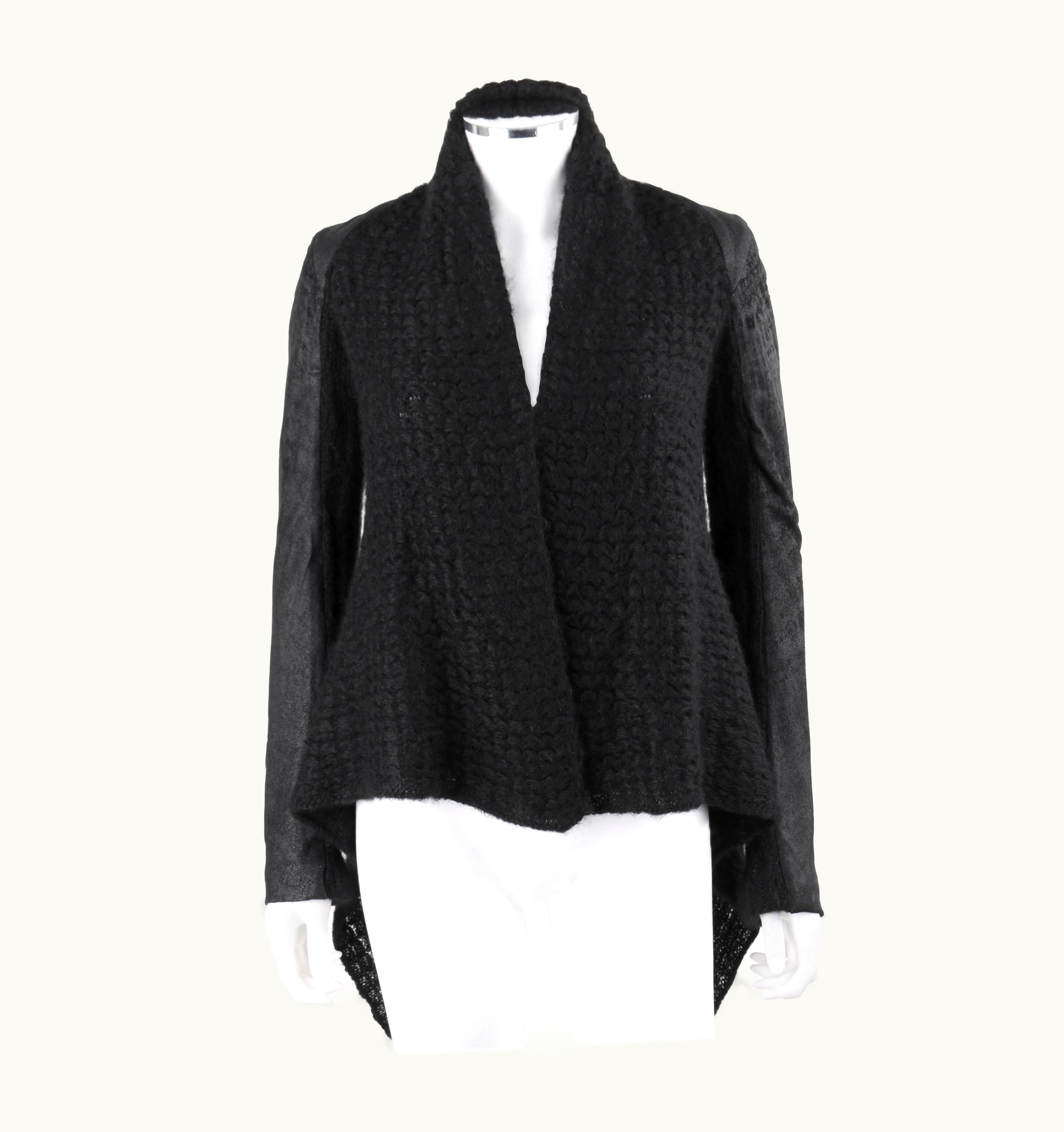Rick Owens Ikram Rick Owens Black Open Waterfall Cardigan Leather Insets Mohair Sweater