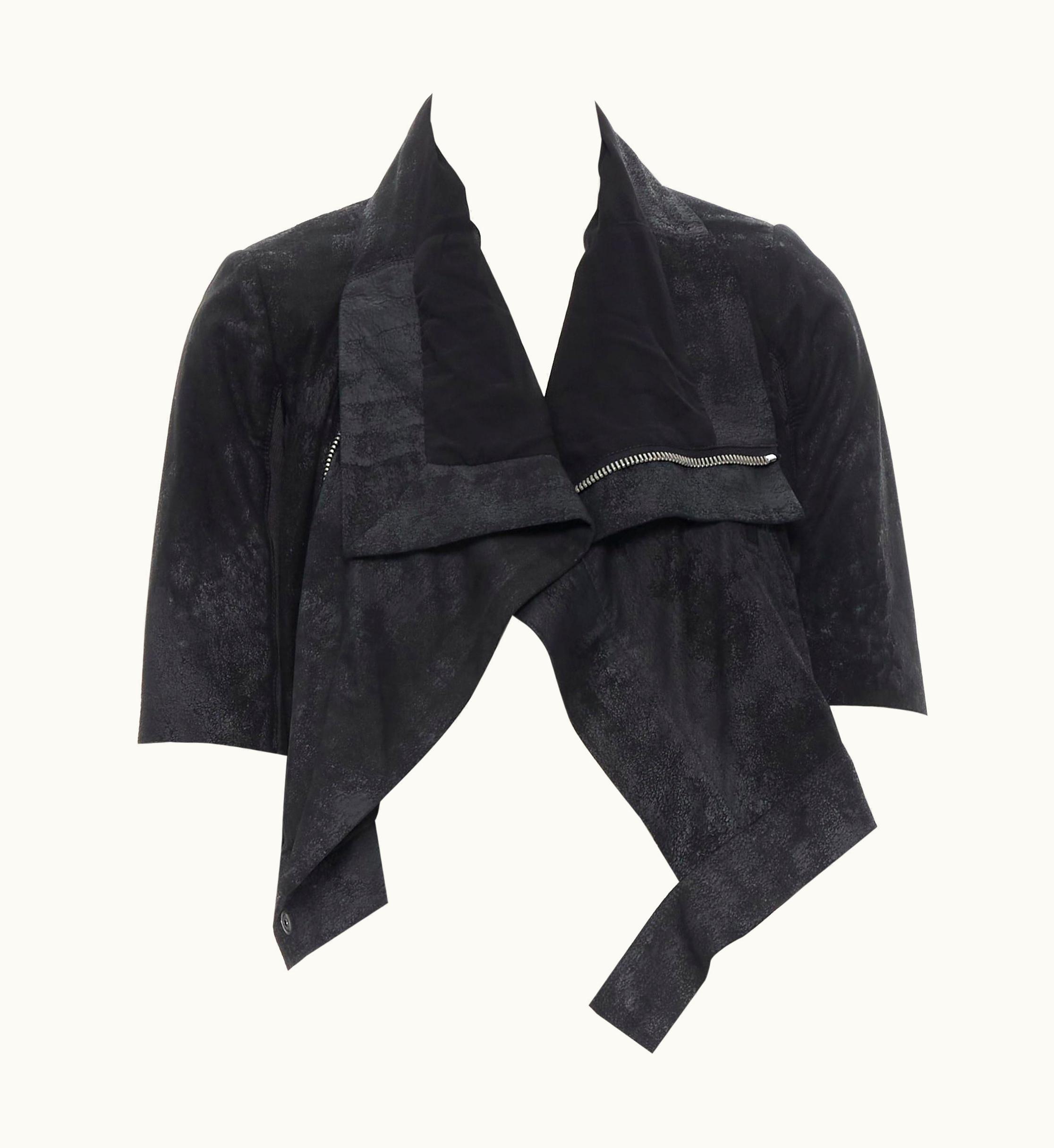 Rick Owens Black Distressed Blister Leather Draped Crop Biker Jacket