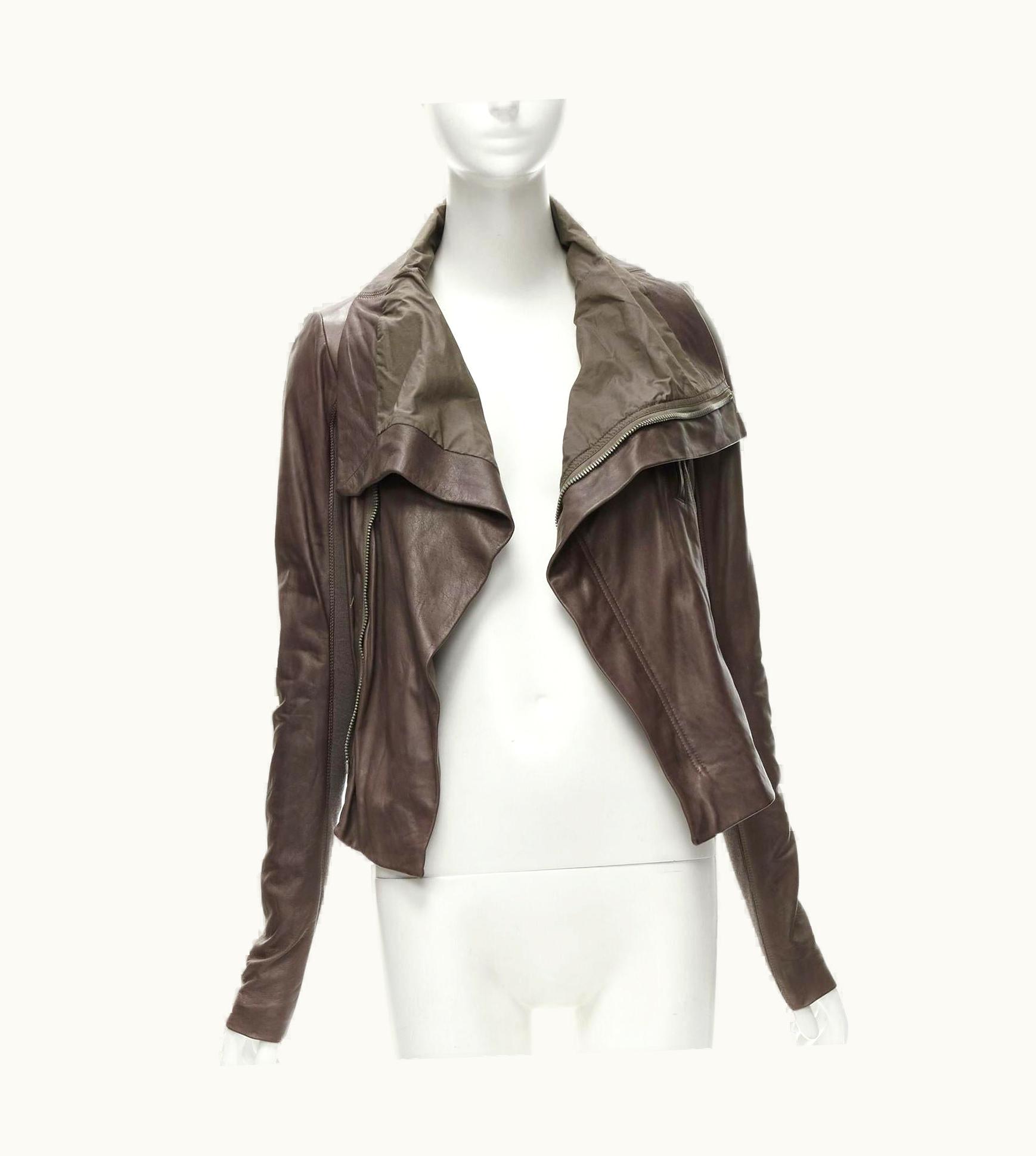 Rick Owens Dust Brown Lambskin Leather Draped Collar Fitted Biker Jacket
