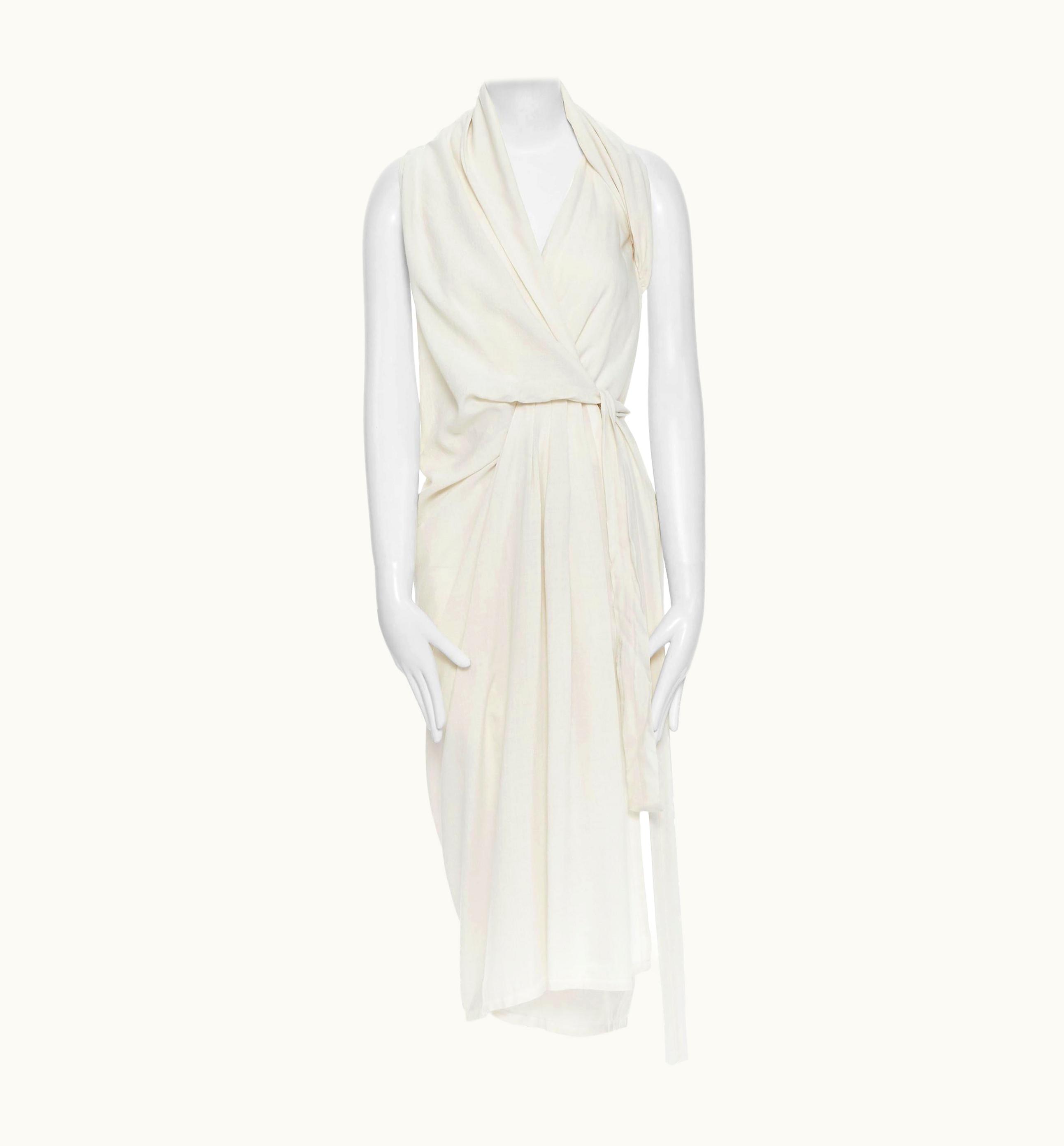 Rick Owens AW17 Milk Beige Wool Silk Blend Draped Wrap Around Dress