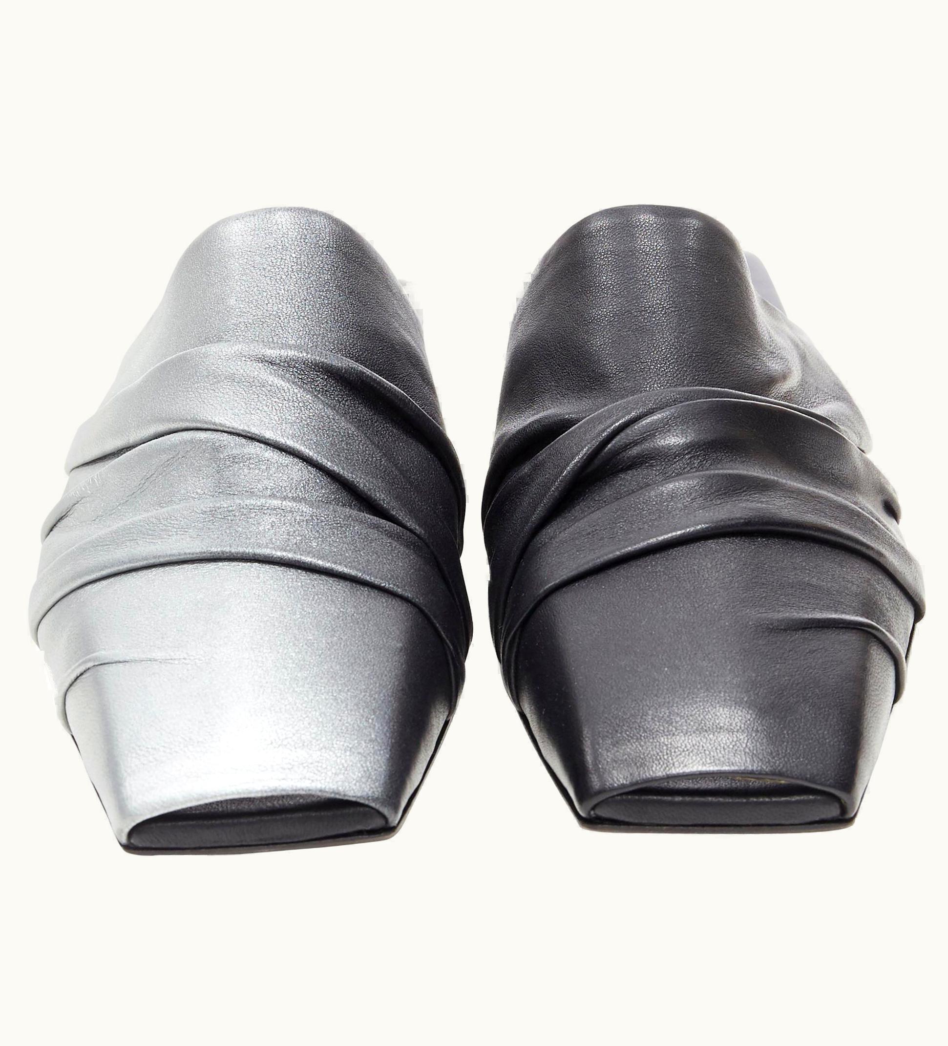 Rick Owens Black Silver Painted Leather Draped Square Toe Flats Slipper