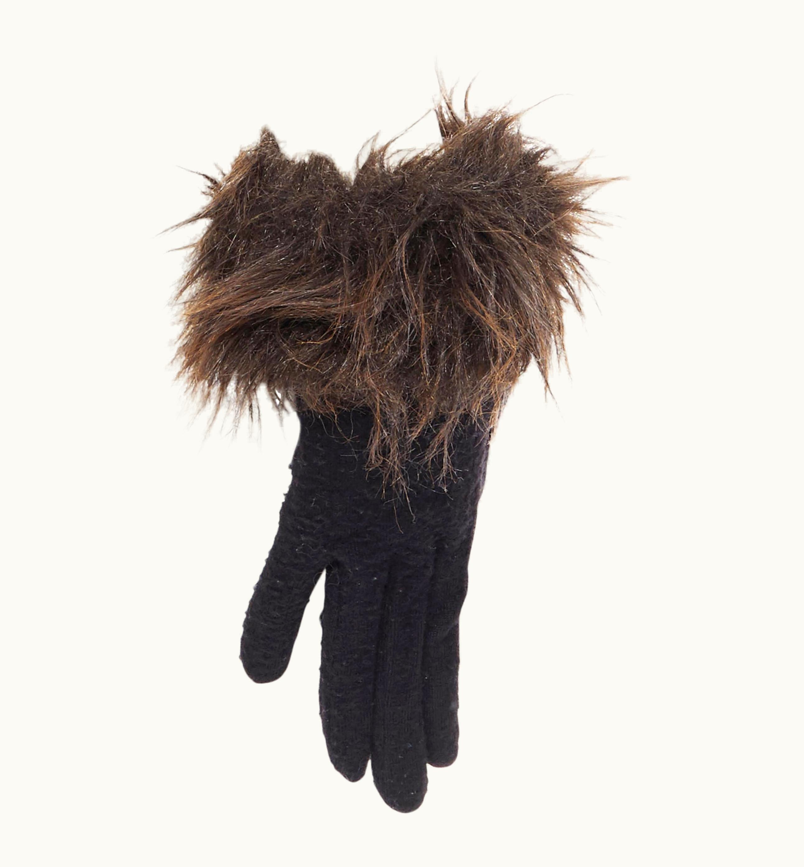 Yohji Yamamoto Black Washed Wool Brown Faux Fur Trimmed Winter Gloves UZ0617055
