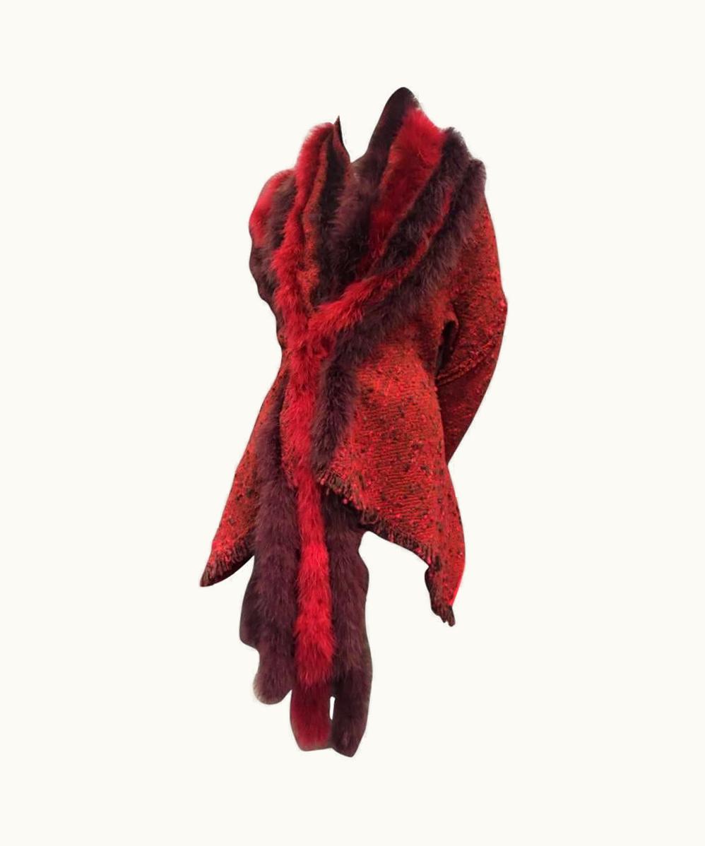 Yohji Yamamoto Wool Tweed Asymmetrical Fitted Jacket W Marabou Feather Boa