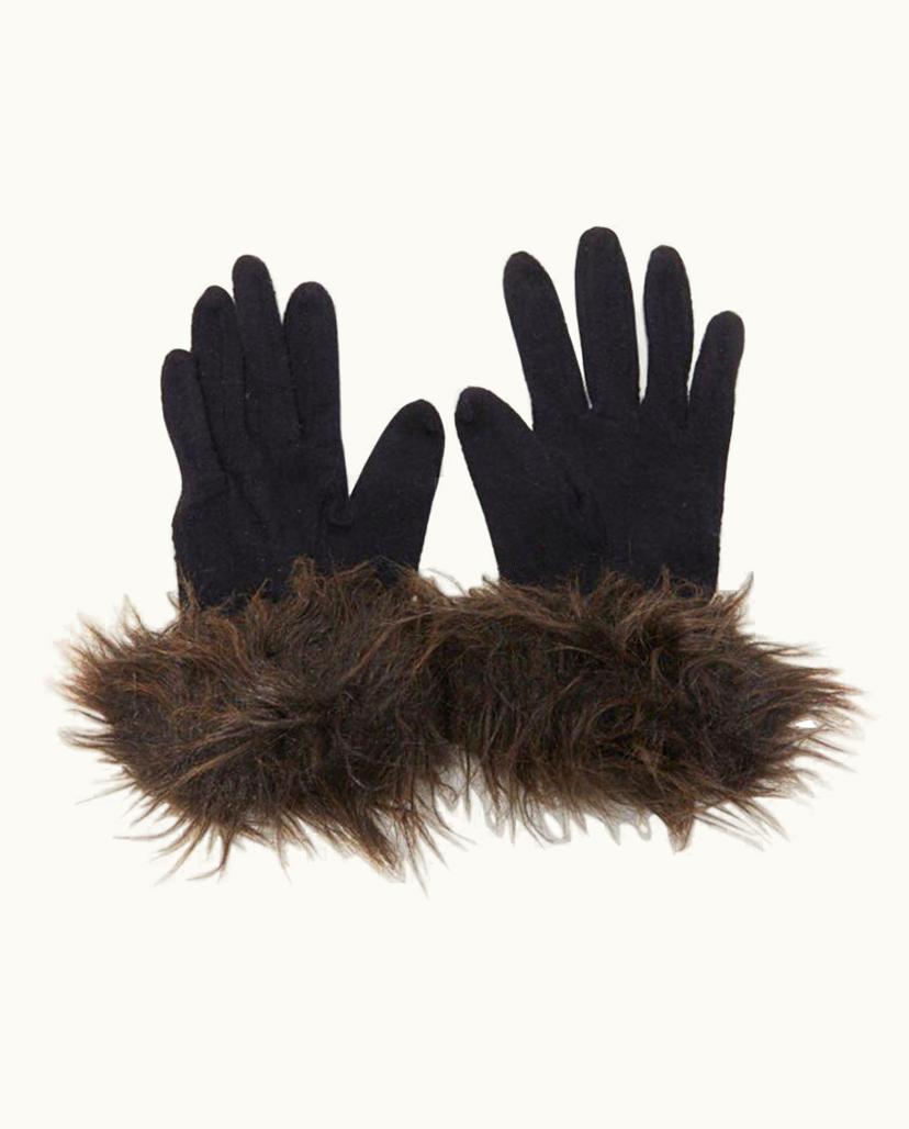 Yohji Yamamoto Black Washed Wool Brown Faux Fur Trimmed Winter Gloves UZ0617057