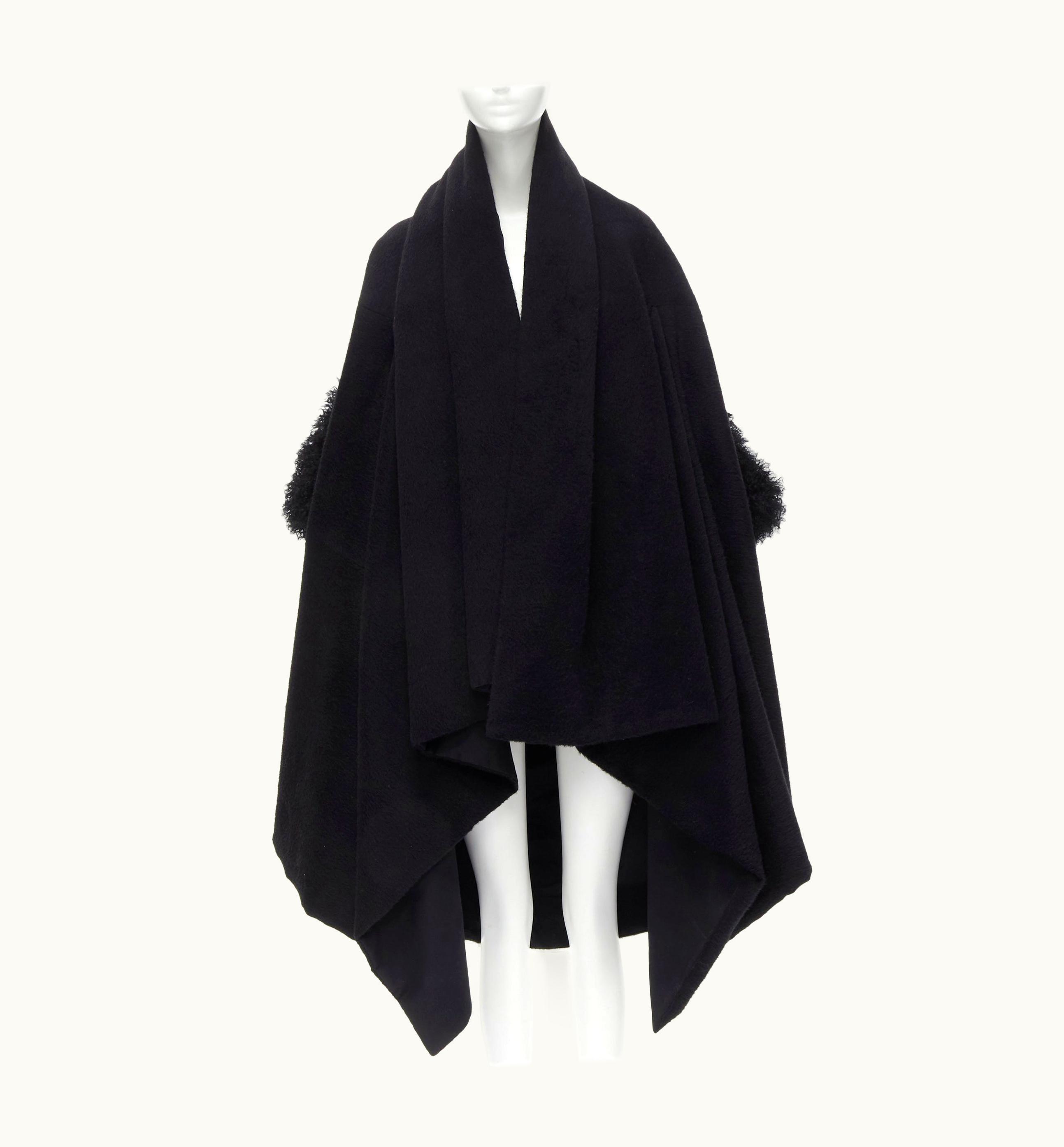 Yohji Yamamoto Black Brushed Wool Shearling Cuff Draped Cocoon Coat