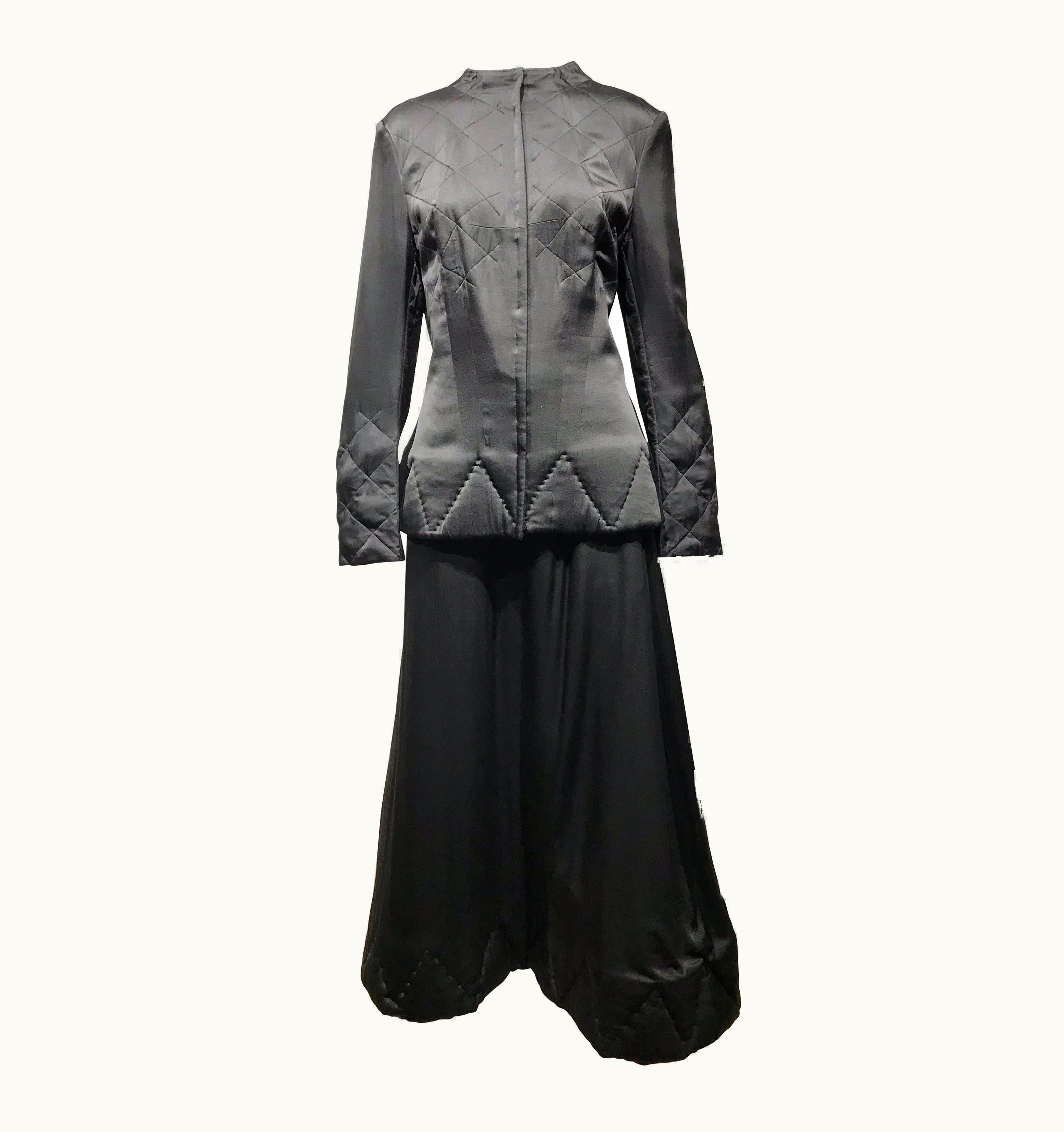 Yohji Yamamoto Black Long Sleeve Silk Quilted Jacket And Skirt Set