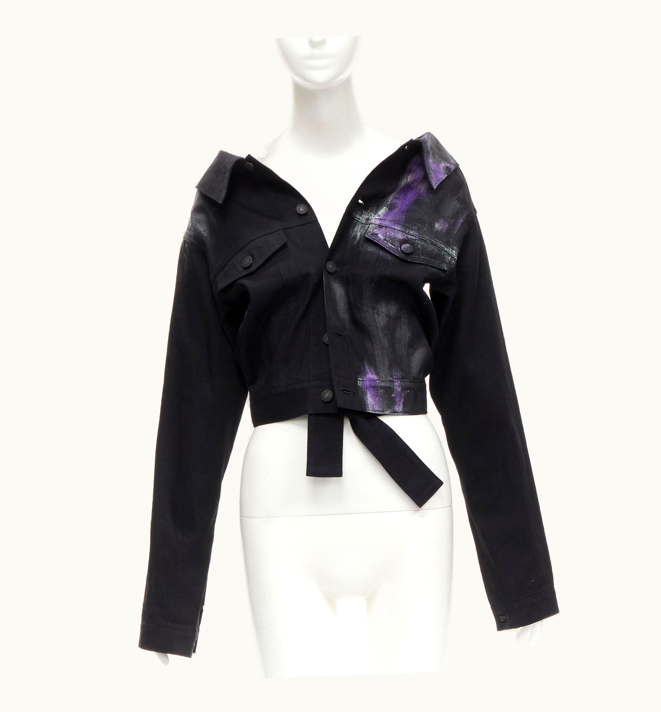 Yohji Yamamoto Purple Paint Black Denim Off Shoulder Cropped Jacket Jp3