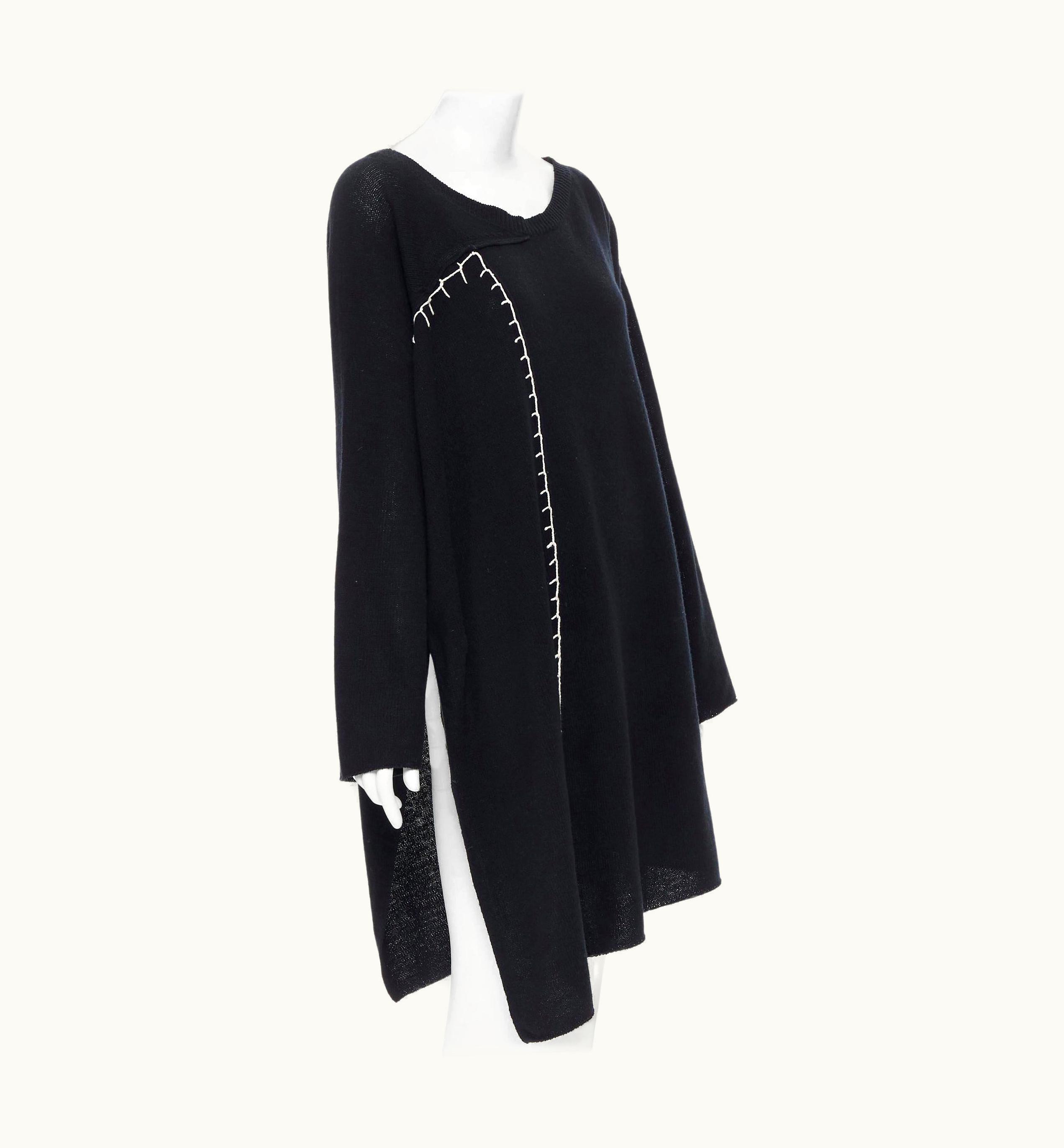 Yohji Yamamoto Black Wool Cotton White Whipstitch Open Side Tunic Sweater Jp2