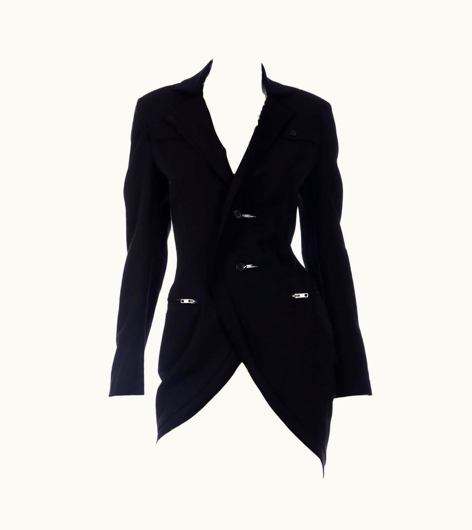 Yohji Yamamoto Black Wool Tuxedo Style Jacket W Zipper Button Holes & Pockets