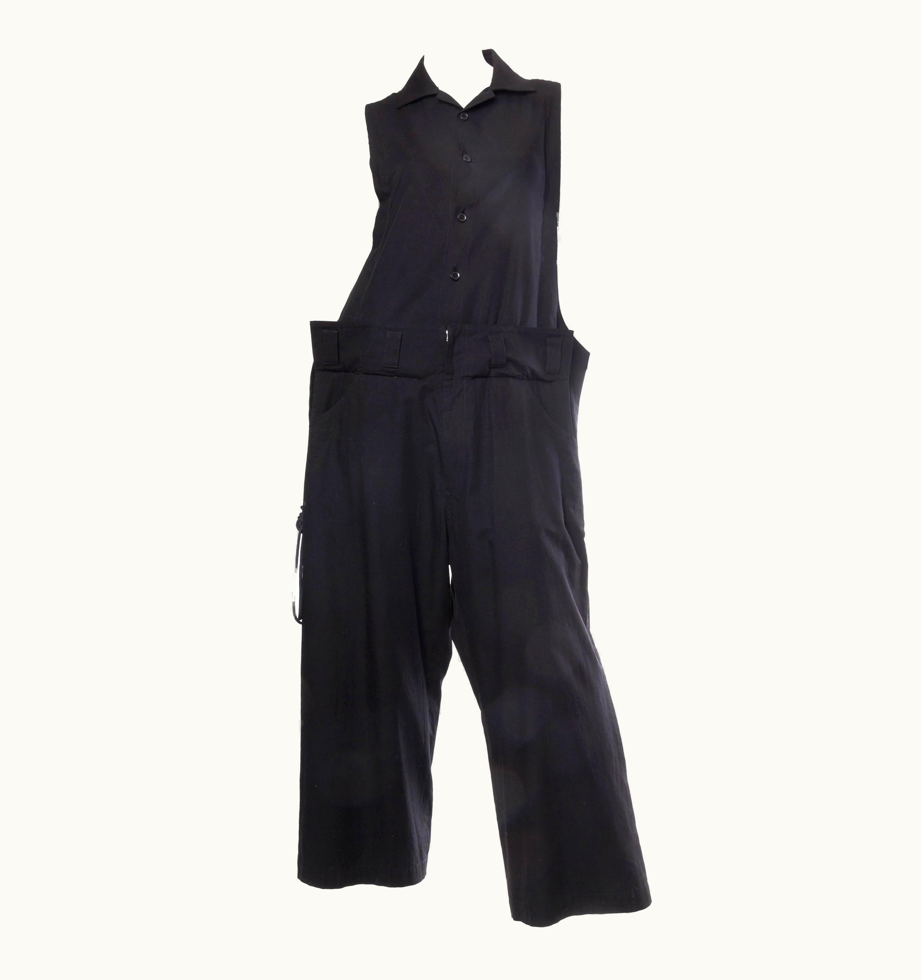 Yohji Yamamoto 1990s Yohji Yamamoto Black Cotton Unisex Oversized Jumpsuit With Lacing Up Sides