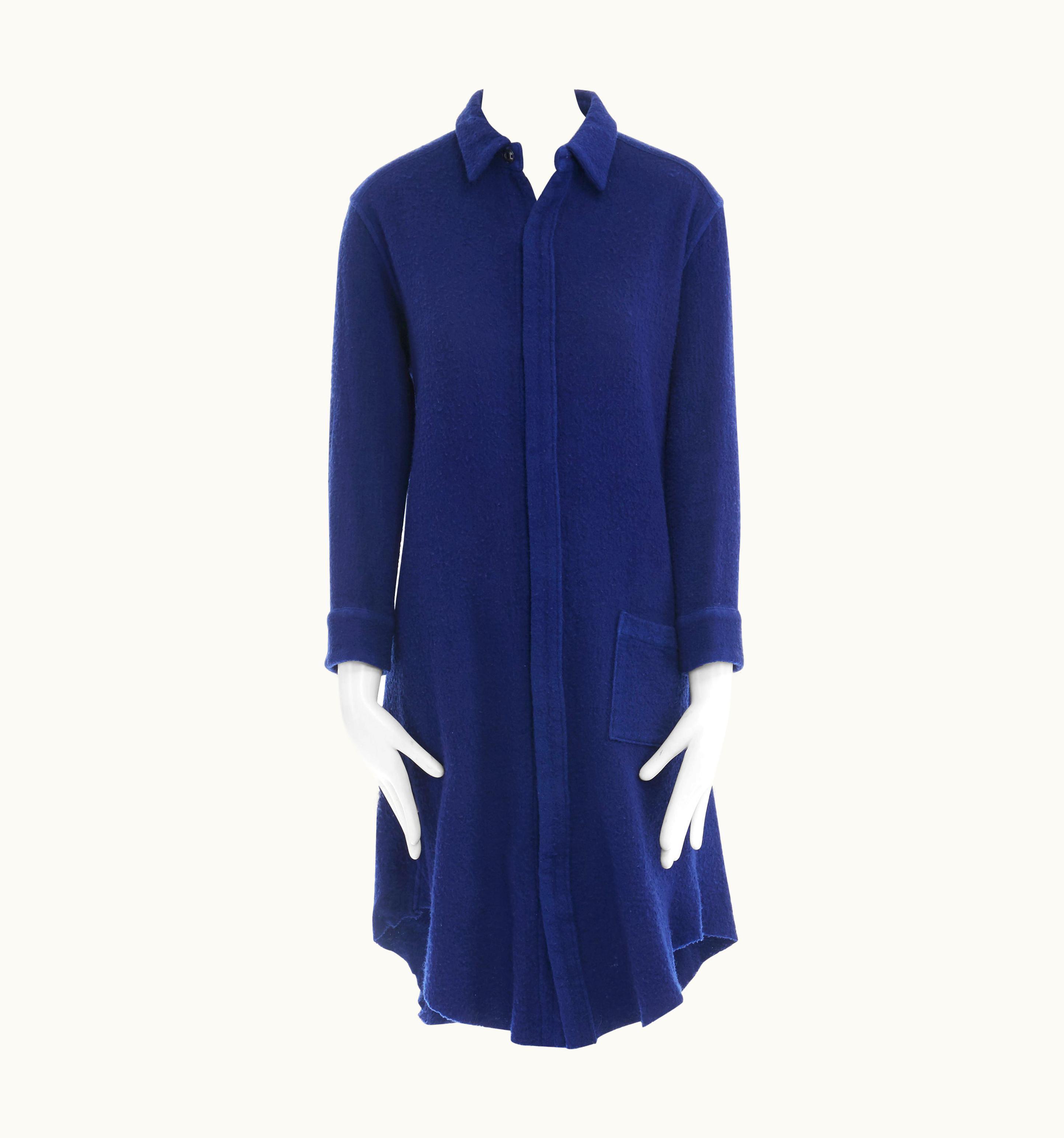 Yohji Yamamoto Blue Boiled Wool Concealed Button Curved Hem Oversized Shirt Jack