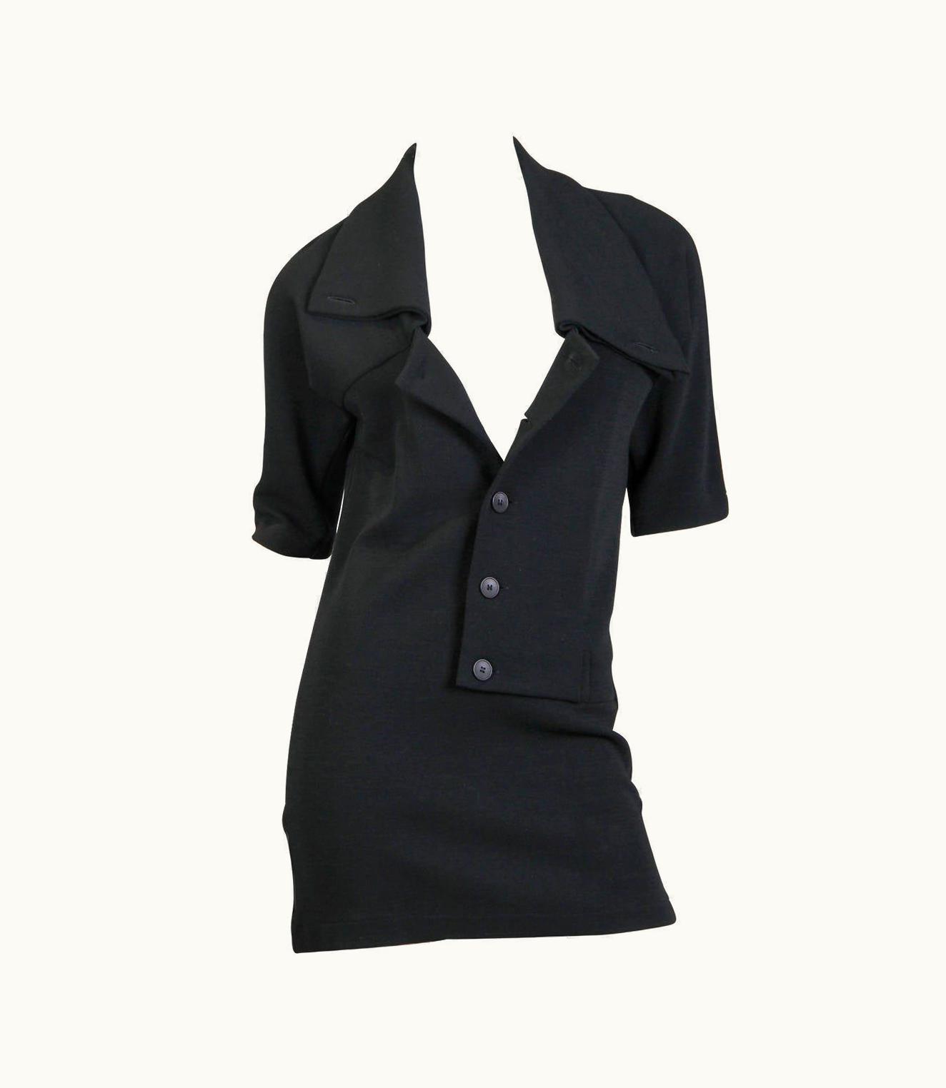 Yohji Yamamoto 1990s Yohji Yamamoto Black Wool Knit Avant Garde Shirt Dress With Changeable Co