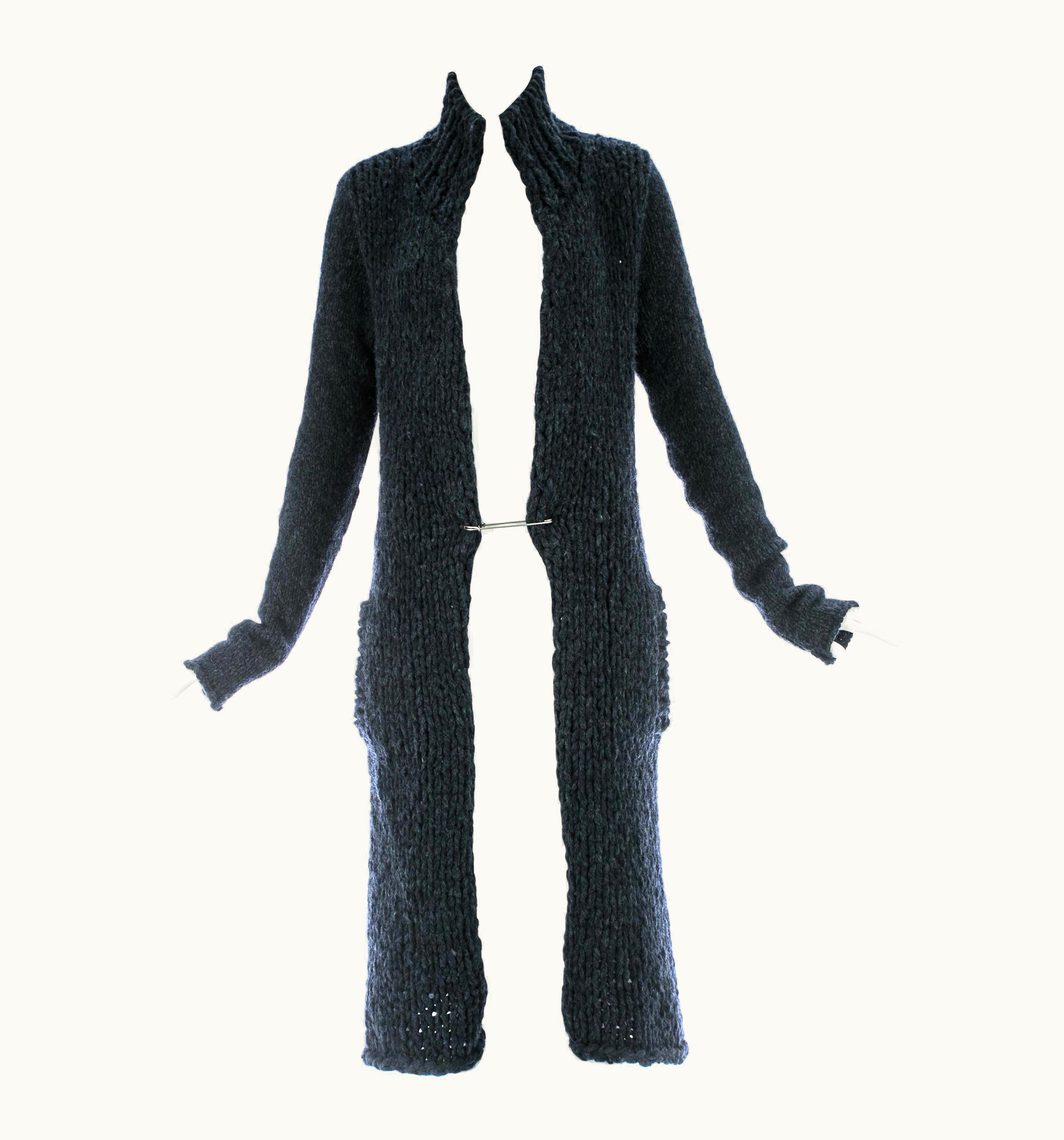 Yohji Yamamoto Navy Blue Chunky Knit Cardigan With Large Safety Pin, C. 1990s